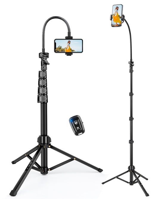 Phone Tripod, 85" Tall Tripod for iPhone with Gooseneck and Remote, Overhead Phone Stand for Recording Watching Cooking Fitness Vlog, Compatible with iPhone Android, Black(US)