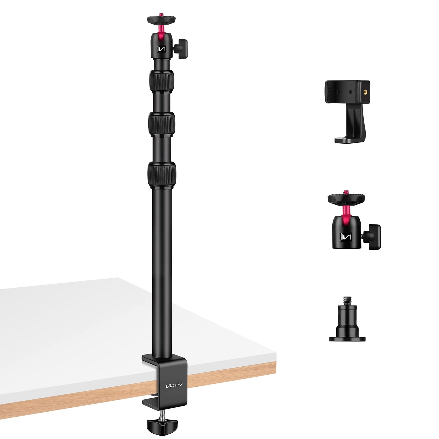 Victiv Webcam Desk Mount, 14.5"- 41.3" Aluminum Adjustable Table Stand, C-clamp Tabletop Light Stand with 1/4" Ball Head for Smartphone/Camera/Webcam/Ring Light- Red(EU))
