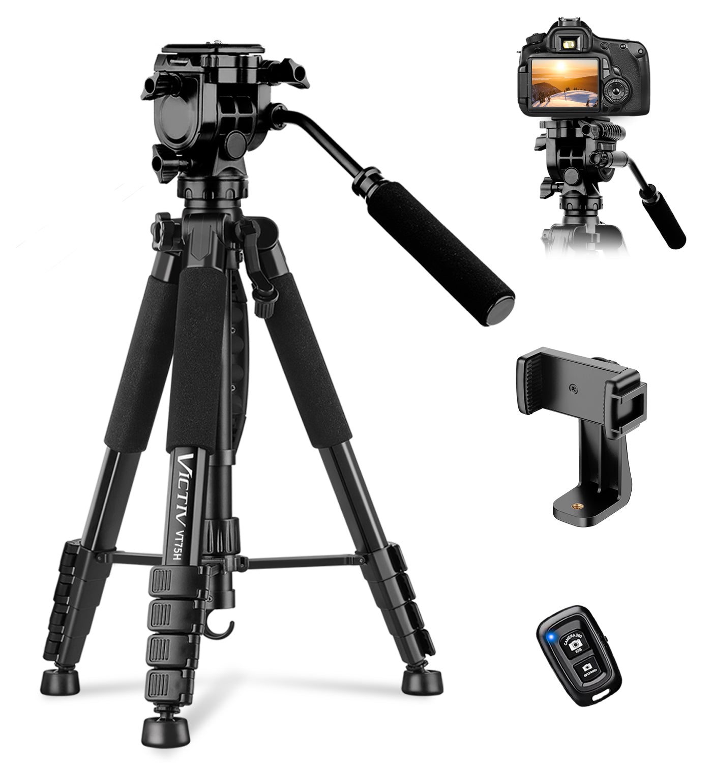 Camera Tripod, 75” Heavy Duty Tripod for Camera with Phone Holder and Travel Bag, Compatible with Video Camera, DSLR, Spotting Scopes, Camcorder, GoPro, Cell Phone, Max Load 16LB (Black)(US)