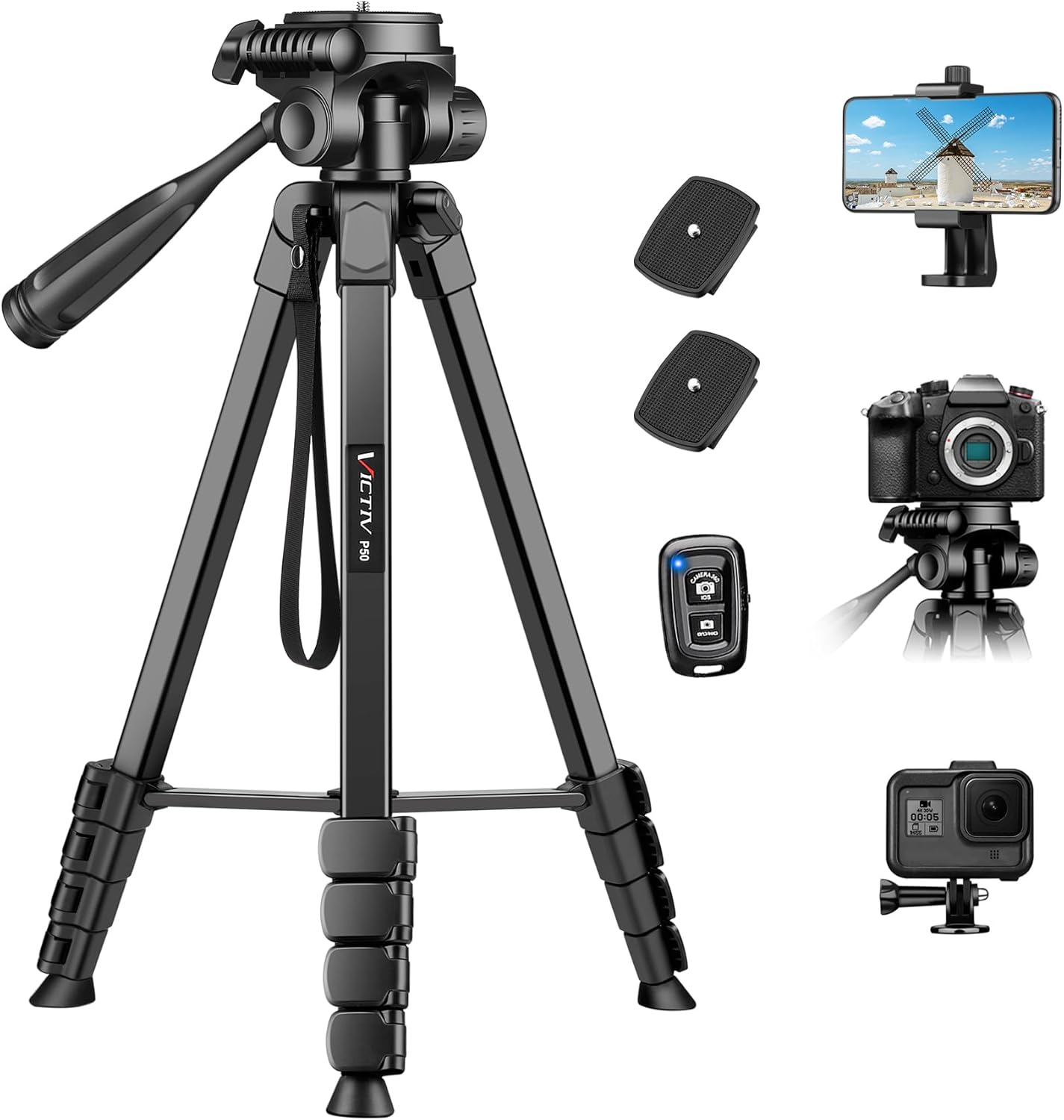 Victiv 67.7" Camera Tripod, Camera Stand Lightweight Tripod for Smartphone with Detachable Head, Portable Travel DSLR Tripod for Canon/Nikon/Sony/Fuji（EU）