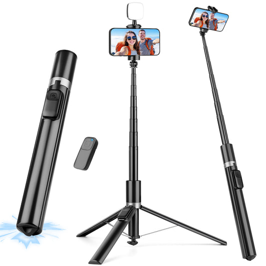 68" Auto-Open Phone Tripod & Selfie Stick with Remote and Fill Light, Extendable Cell Phone Tripod Stand, Phone Stand for Video Recording, Travel, Vlogging, Compatible with iPhone/Android, Black(US)