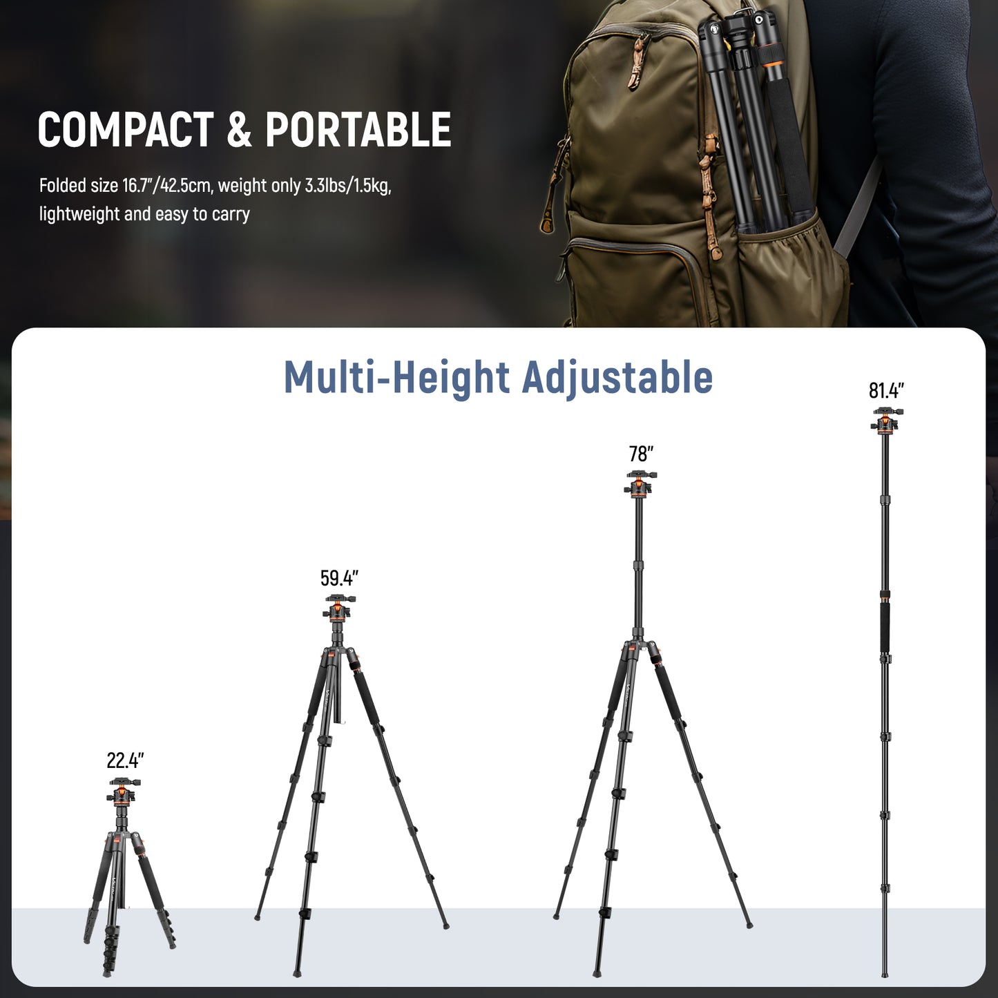 Victiv 78"/ 198cm Camera Tripod for Canon Sony Nikon, DSLR Tripod Lightweight with Monopod for Travel, Compact Tripods with Ball Head and Phone Holder, Tall Camera Stand Max Load 8kg(EU)