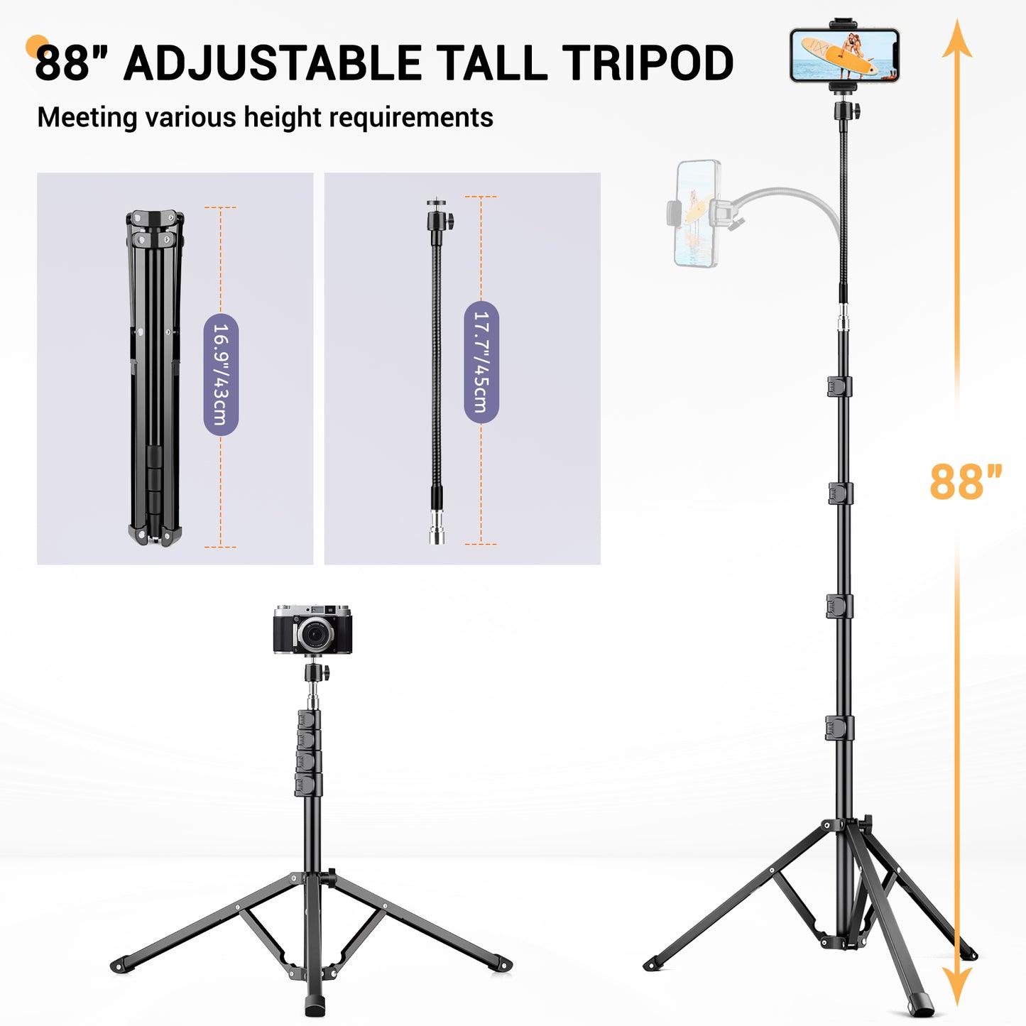 Victiv 88" Tall Tripod for iPhone, Phone Tripods with Gooseneck & Remote and Mobile Phone Stand, Flexible Overhead Tripod iPhone Stand for Filming, Aluminum Tripods for Smartphone/Camera/Ring Light(EU)