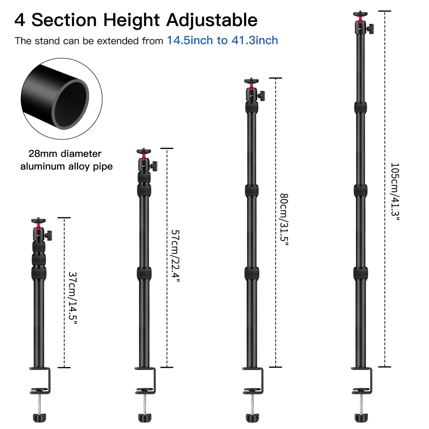 Victiv Webcam Desk Mount, 14.5"- 41.3" Aluminum Adjustable Table Stand, C-clamp Tabletop Light Stand with 1/4" Ball Head for Smartphone/Camera/Webcam/Ring Light- Red(EU))