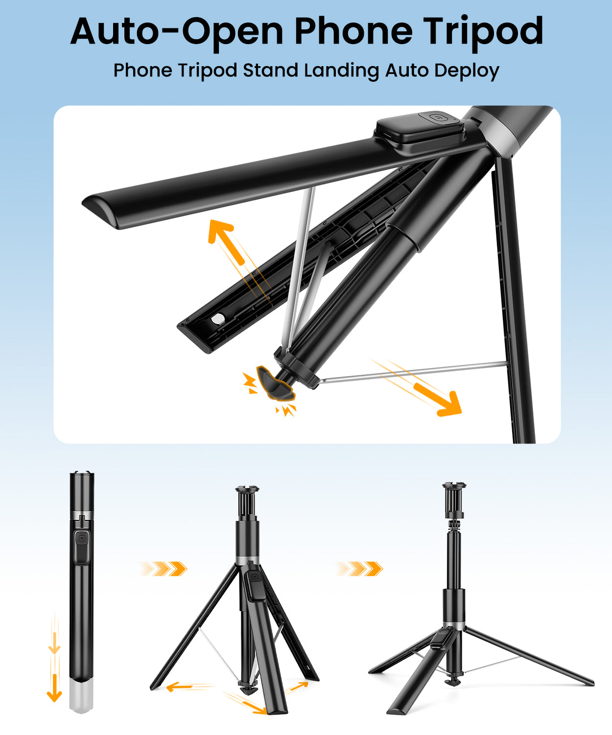68" Auto-Open Phone Tripod & Selfie Stick with Remote and Fill Light, Extendable Cell Phone Tripod Stand, Phone Stand for Video Recording, Travel, Vlogging, Compatible with iPhone/Android, Black(US)