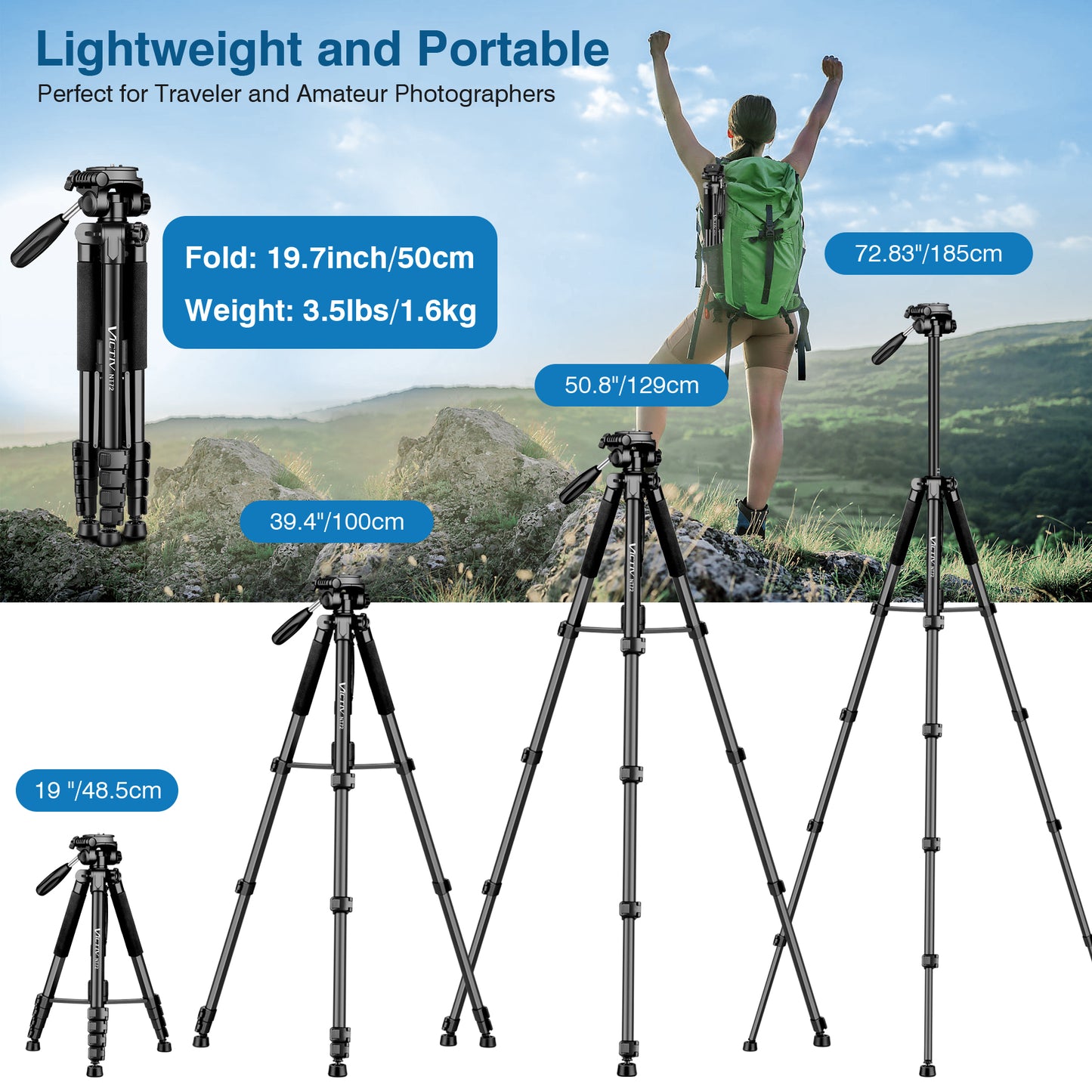 Tripod for Camera, 72" Tall Camera Tripod Monopod with Remote, Professional Heavy Duty Compact Camera Stand for Phone,DSLR, Spotting Scope, Telescope, Binocular(BLACK US))