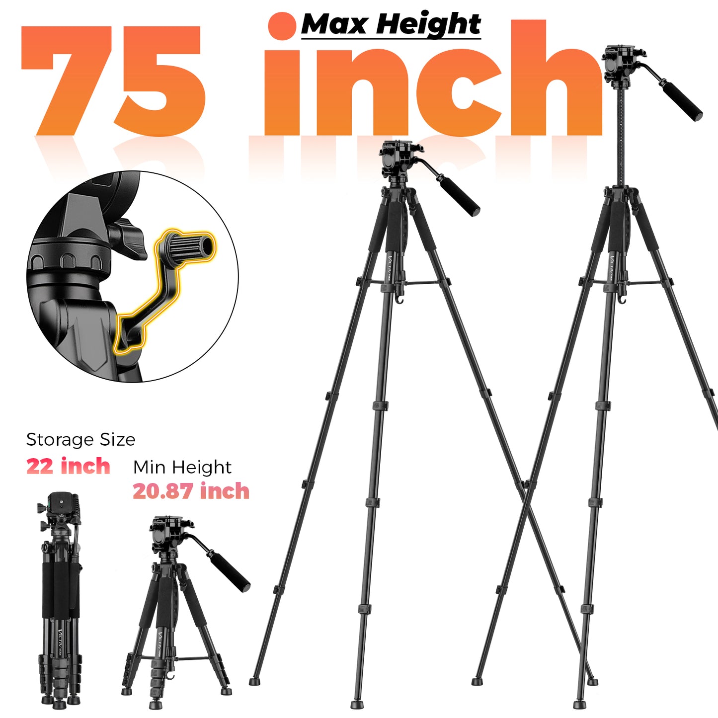 Victiv 75'' Aluminium Camera Tripod, Heavy Duty Mobile Stand Video Shoot with Phone Holder, Professional Tripod Compatible with Camera, Spotting Scopes, Projector, Camcorder, Cell Phone, Max Load 16LB(IN)
