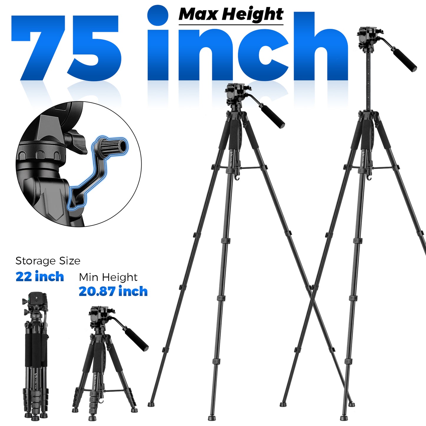 Camera Tripod, 75” Heavy Duty Tripod for Camera with Phone Holder and Travel Bag, Compatible with Video Camera, DSLR, Spotting Scopes, Camcorder, GoPro, Cell Phone, Max Load 16LB (Black)(US)