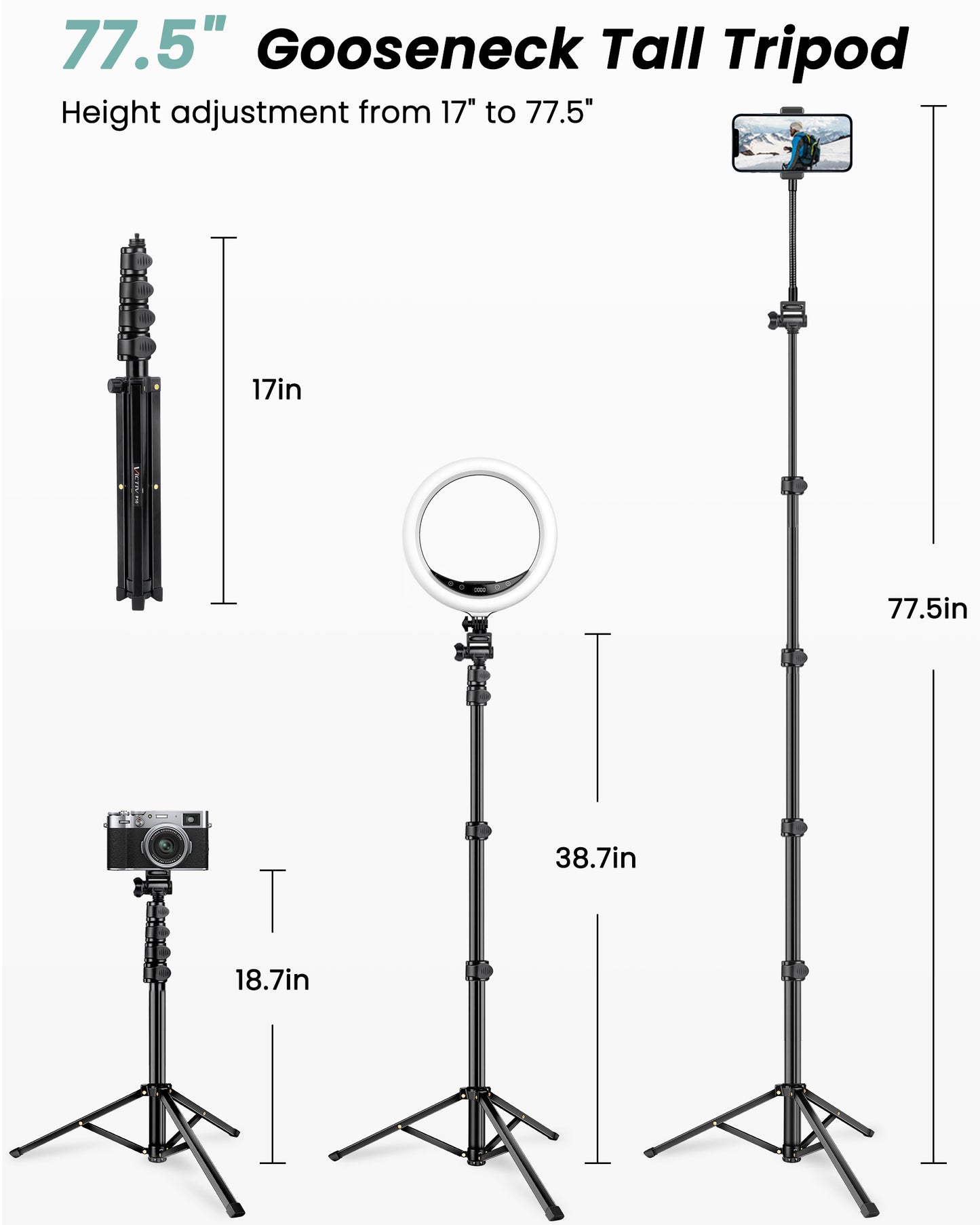 Victiv 77.5" Tall Tripod for Smartphone, Overhead Phone Tripod Stand with Flexible Gooseneck Compatible with iPhone 17/16/15/14/13/12, Portable Aluminum Selfie Stick Camera Tripod for Travel Vlogging(EU)