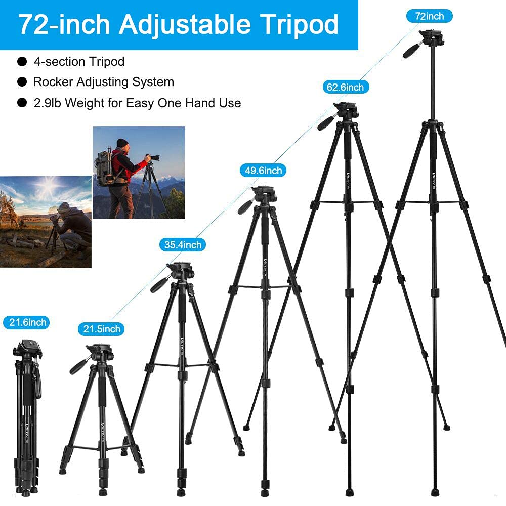 Victiv 72inch Tripod for Camera, Lightweight Aluminum Tripod for Travel, Phone Tripod with 3-way Swivel Head for 360 Degree Panoramic Shooting for DSLR YouTube Living Vlog -Black