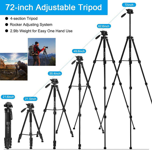 Victiv 72inch Tripod for Camera, Lightweight Aluminum Tripod for Travel, Phone Tripod with 3-way Swivel Head for 360 Degree Panoramic Shooting for DSLR YouTube Living Vlog -Black