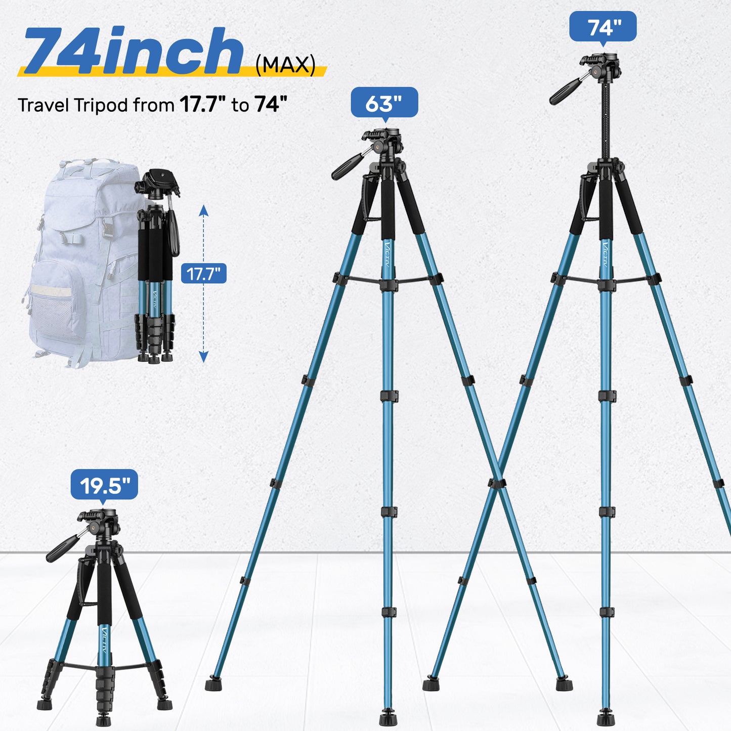 Victiv 188cm Camera Tripod for Canon Sony Nikon, Travel Tripod with Detachable 3-way Swivel Head, Camera Stand with Phone Holder & Remote Control, Upgraded Tripods with 1/4" Extension Interface-Blue(EU)