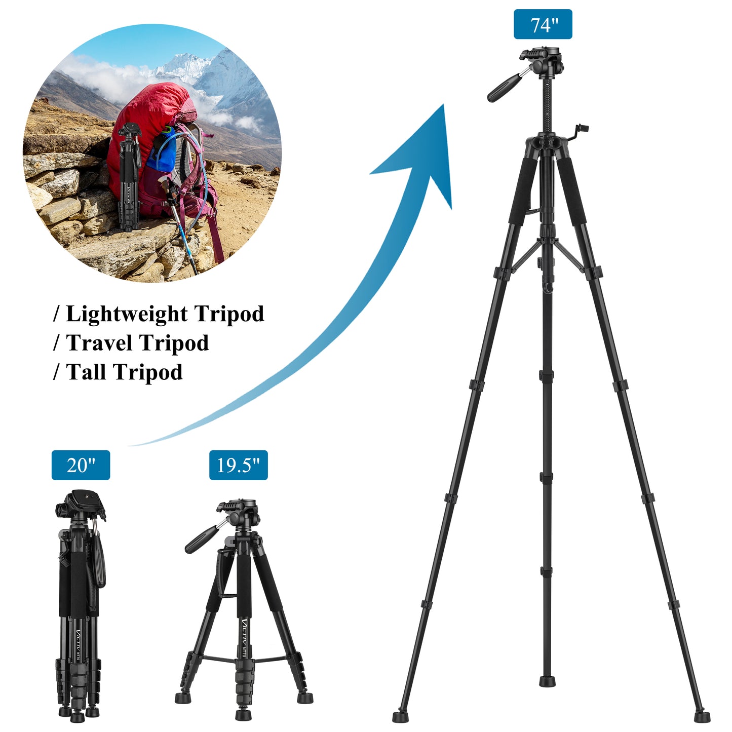 VICTIV 74” Camera Tripod, Tripod for Camera and Phone, Aluminum Professional Tripod Stand for Canon Nikon with Carry Bag and Phone Holder, Compatible with DSLR, iPhone, Spotting Scopes, Max Load 9.5Lb(US)