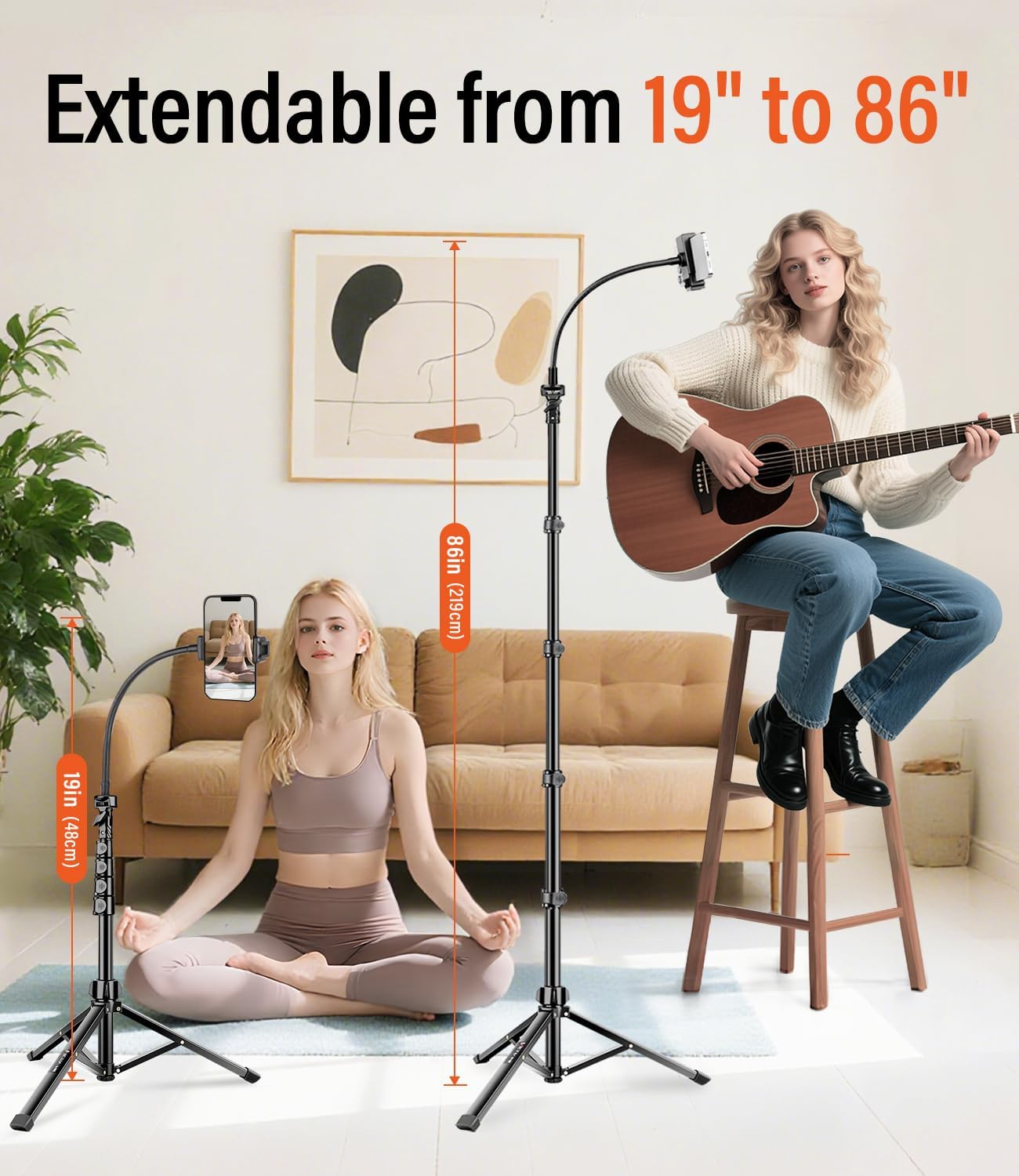 Phone Tripod, 86" Tall Tripod Stand with Gooseneck and Remote, Suitable for Recording Fitness Vlog Watching Cooking, Compatible with Smartphone, Camera(US)