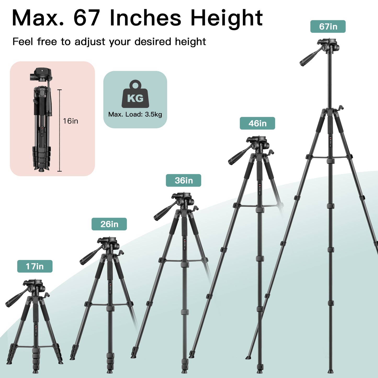 Victiv 67.7" Camera Tripod, Camera Stand Lightweight Tripod for Smartphone with Detachable Head, Portable Travel DSLR Tripod for Canon/Nikon/Sony/Fuji（EU）