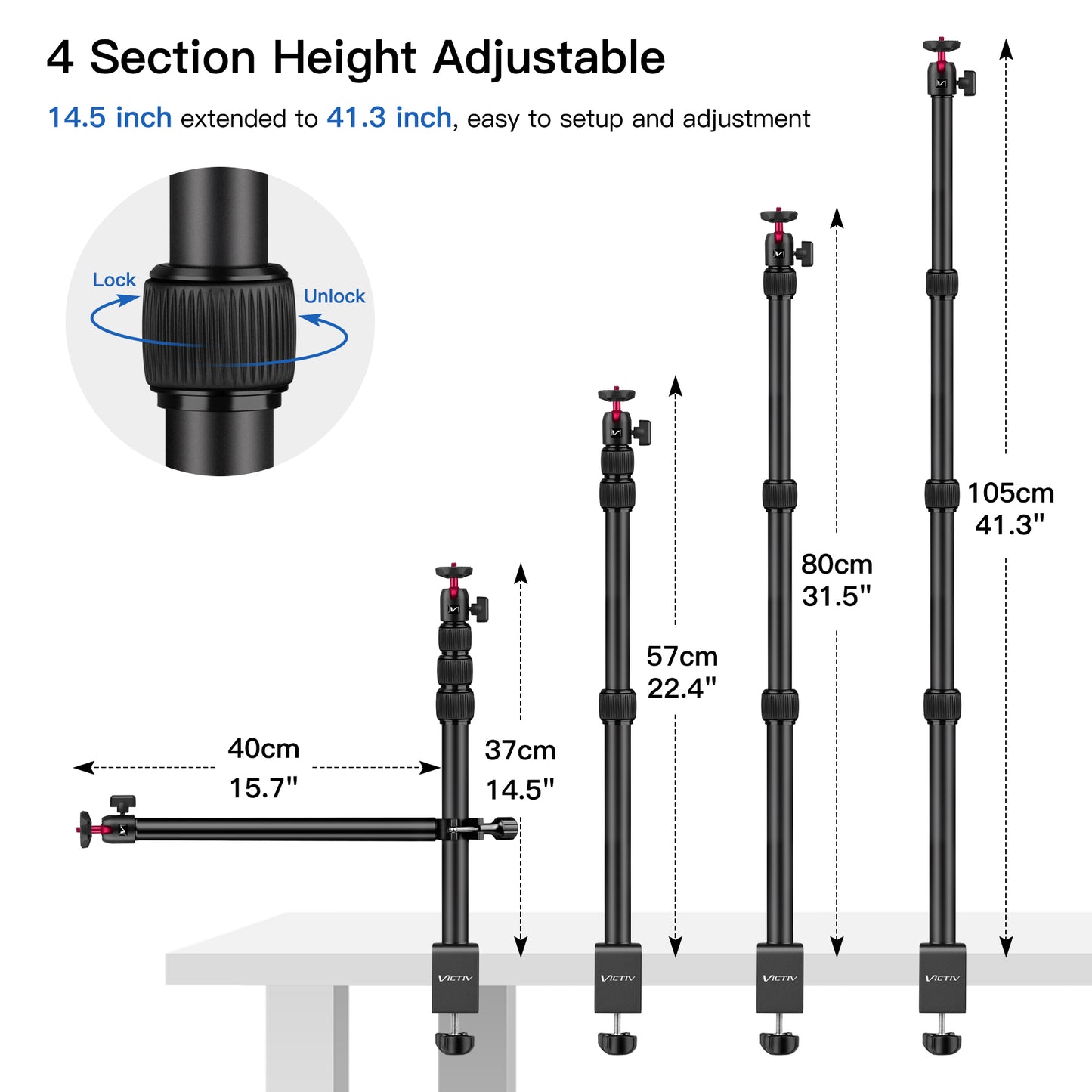 Victiv 14.5"-41.3" Adjustable Overhead Phone Mount, Aluminum Camera Mount with Overhead Boom Arm for iPhone, C-stand Desk Mounts with 2 Pieces 1/4" Ball Heads for Phone Camera Webcam Ring Light(EU)