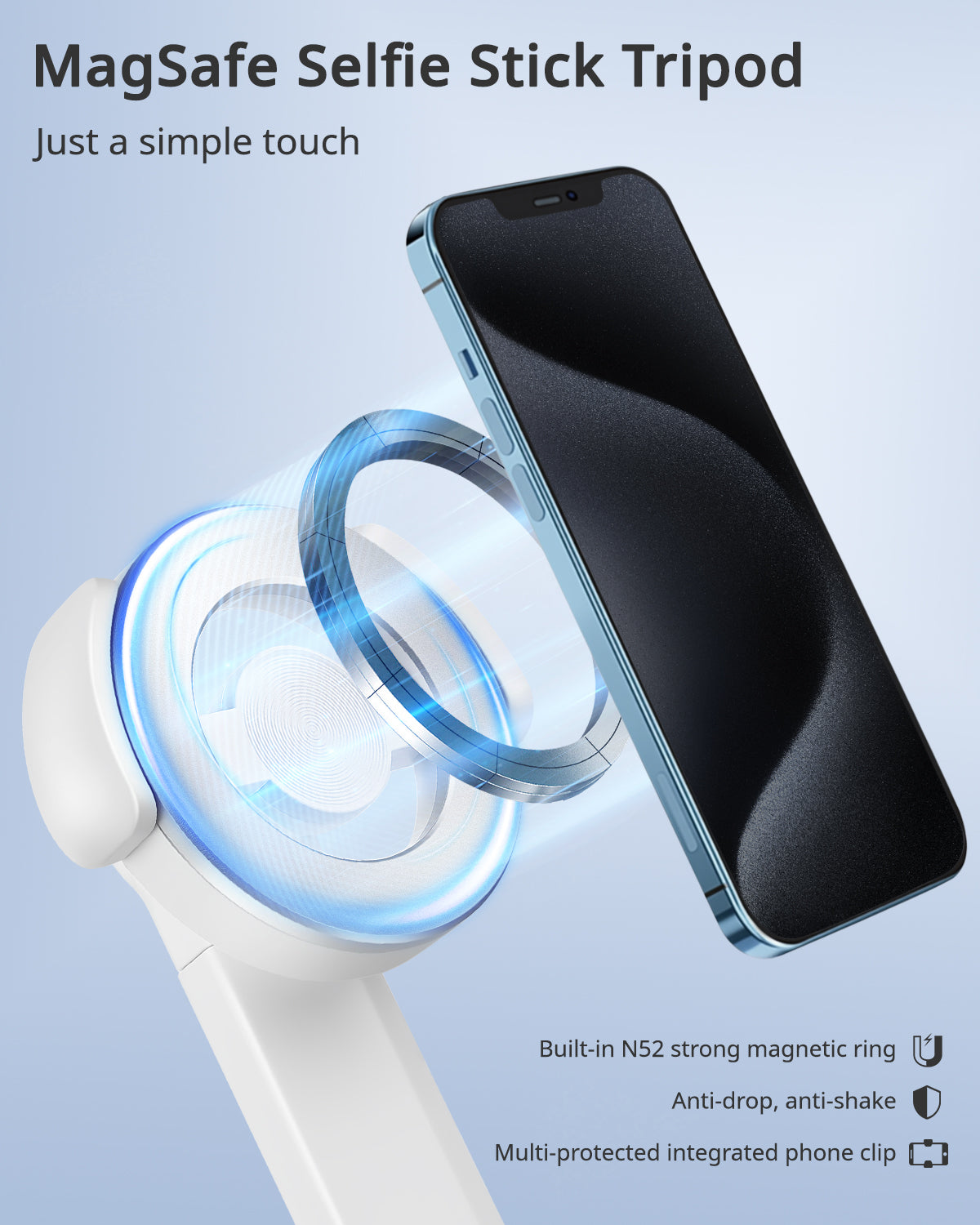 Victiv Magnetic Selfie Stick Tripod for iPhone, 70" Phone Tripod Stand for Filming with Rechargeable Remote, Mag-safe Selfie Stick for Video Recording, Vlogging & Content Creation-White(EU)