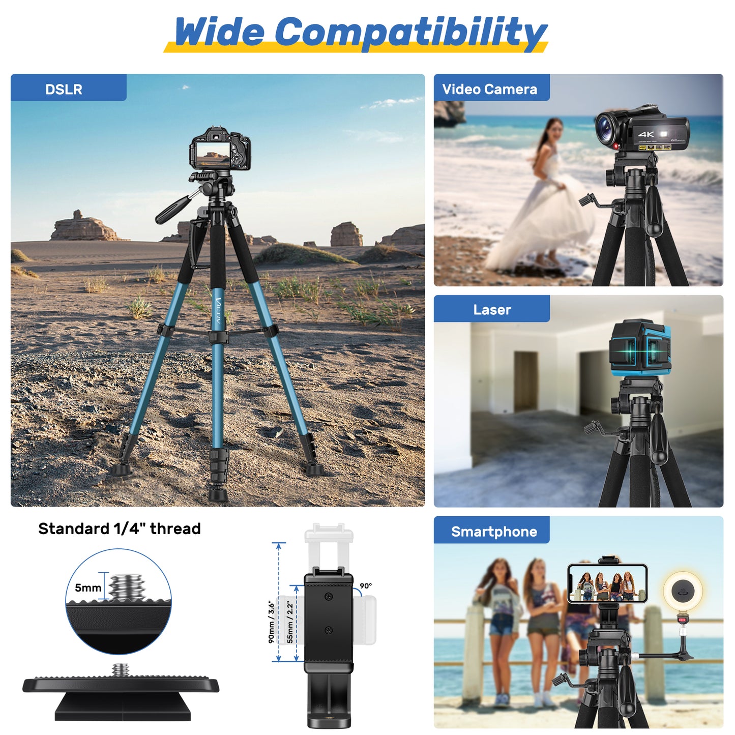 Victiv 188cm Camera Tripod for Canon Sony Nikon, Travel Tripod with Detachable 3-way Swivel Head, Camera Stand with Phone Holder & Remote Control, Upgraded Tripods with 1/4" Extension Interface-Blue(EU)