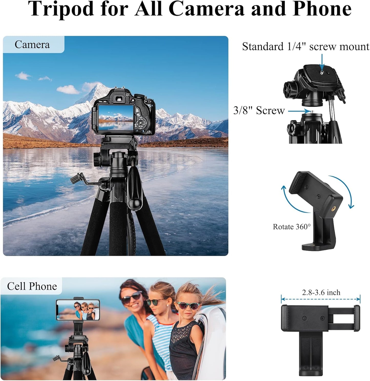 VICTIV 74” Camera Tripod, Tripod for Camera and Phone, Aluminum Professional Tripod Stand for Canon Nikon with Carry Bag and Phone Holder, Compatible with DSLR, iPhone, Spotting Scopes, Max Load 9.5Lb(US)