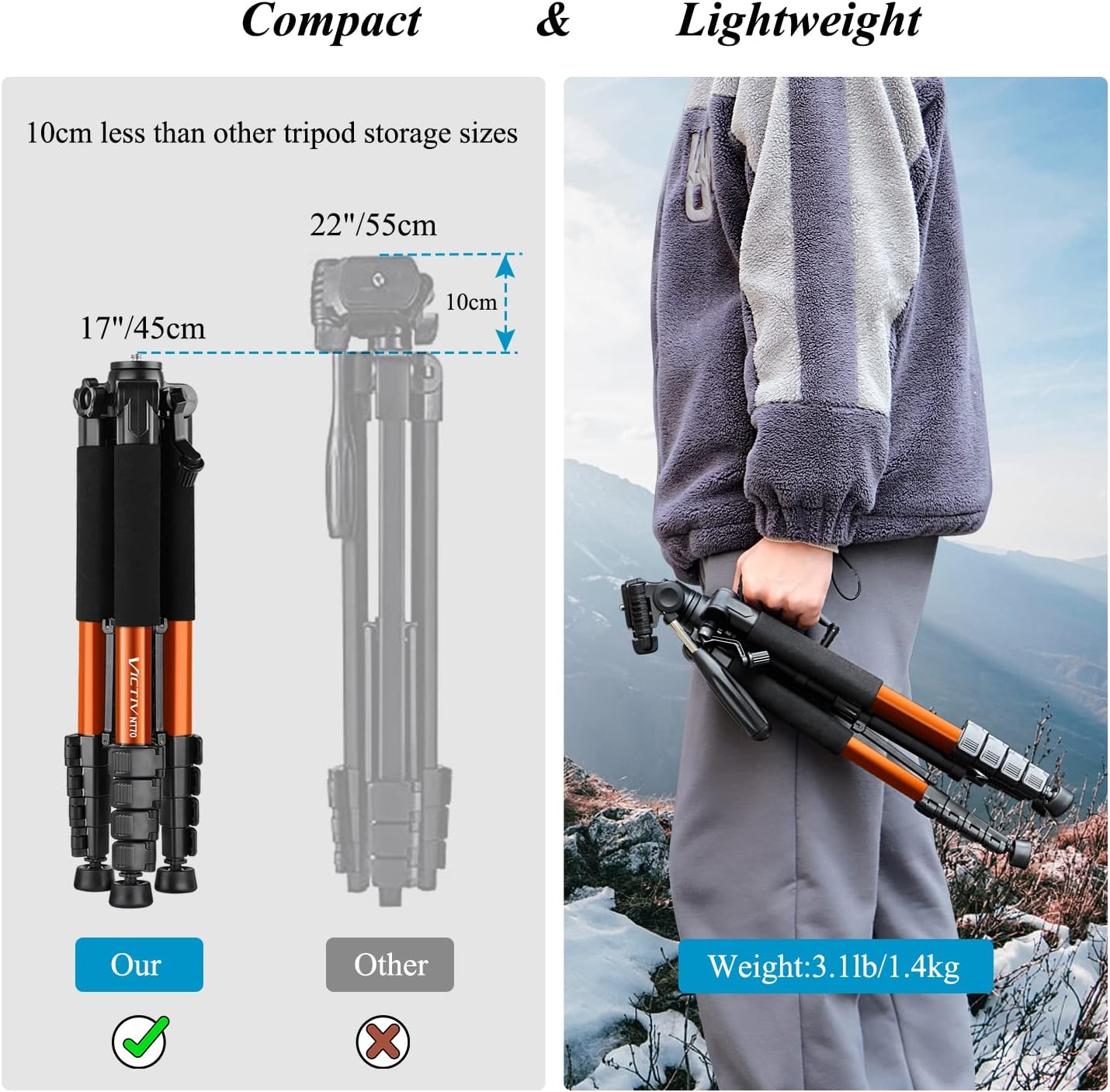 Victiv 182 cm Aluminium Camera Tripod, Lightweight and Compact Travel Tripod for DSLR with 3-Way Swivel, 360° Panoramic Ball Head and Phone Holder, Can Be Used for YouTube, Vlog and Video Conferencing(EU)