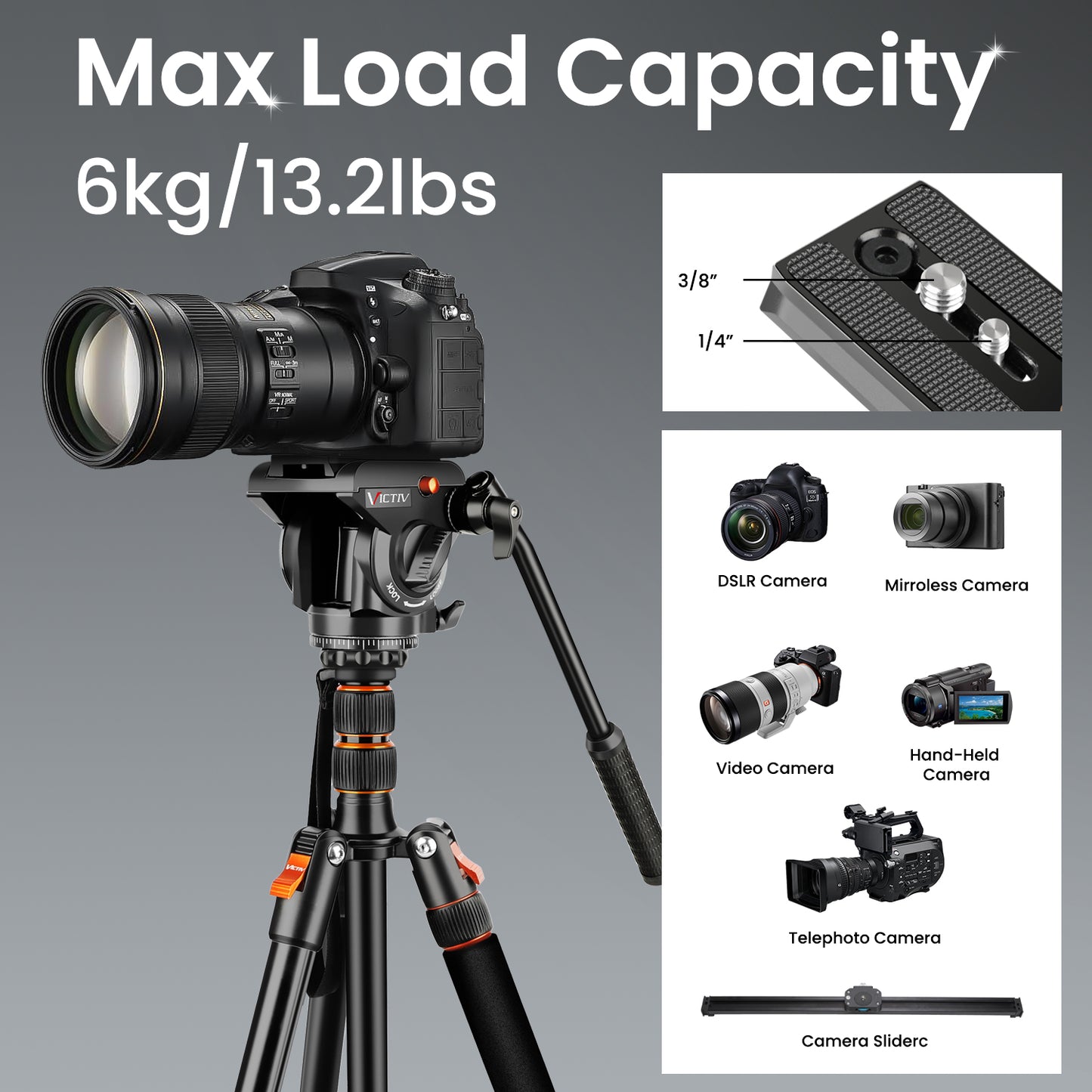 Camera Tripod Stand, 72" Video Tripod with Fluid Head, Heavy Duty Alunimum Professional, 1/4" & 3/8" Screw QR Plate Compatible with Canon Nikon Sony DSLR Camera Camcorder, Max Load 13.2lb(US)