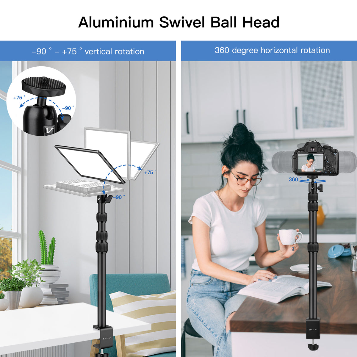 Victiv Camera Desk Mount, 14.5-41.3" Adjustable Aluminum Table Stand, C-stand Tabletop Light Stand with 1/4" Ball Heads for Smartphones/Camera/Webcam/Ring Light- Black(EU