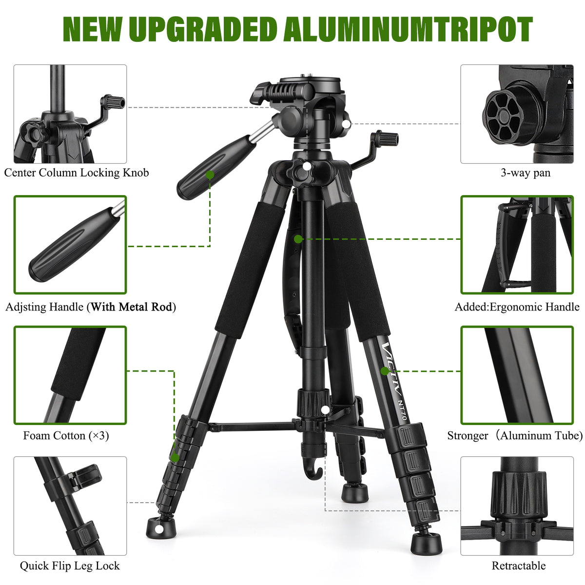 VICTIV Professional 74'' Aluminium Camera Tripod Stand, Heavy Duty Tripod Stand for Photo and Video Shooting, 1/4 Screw Compatible with DSLR, iPhone, Samsung, Spotting Scope, Max Load 9.5Lb(IN)
