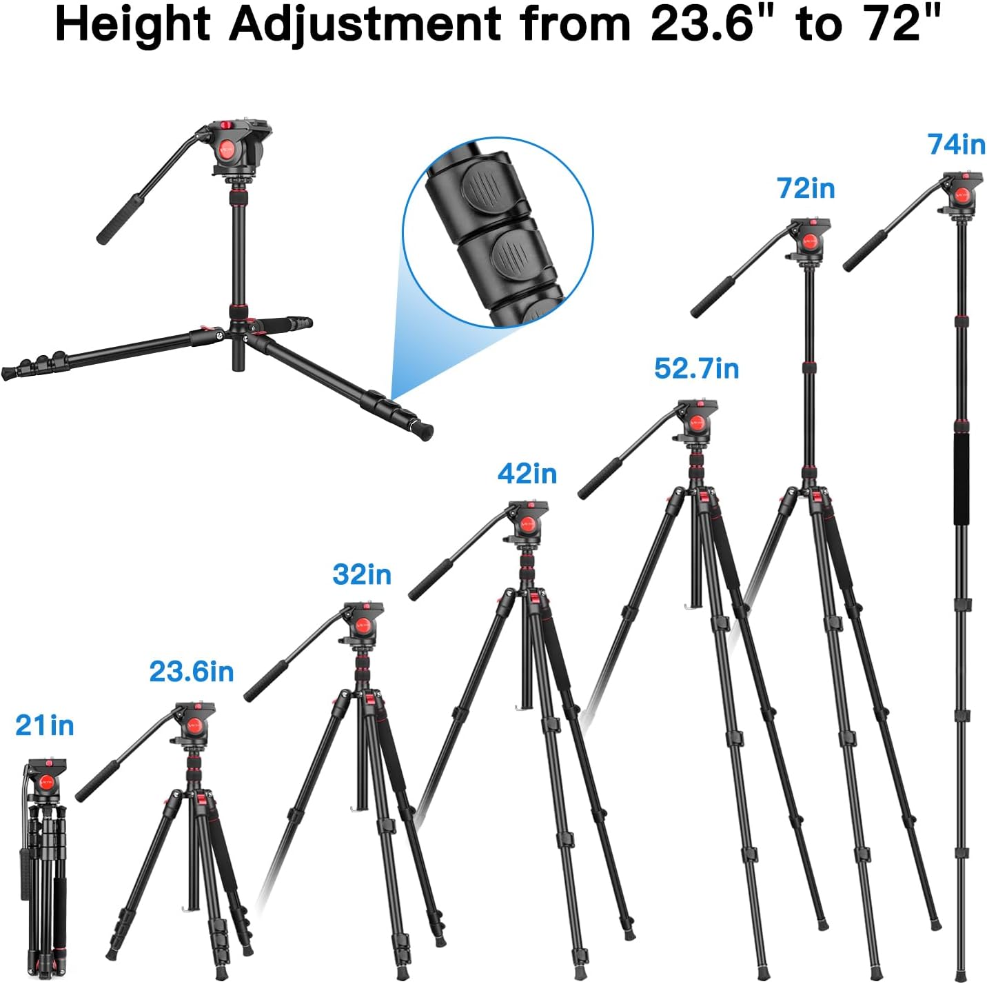 Fluid Head Tripod, Heavy Duty Tripod with Carry Bag, Professional Aluminium Tripod and Monopod for Video Camera Canon Nikon DSLR Camcorder (VT-H7)
