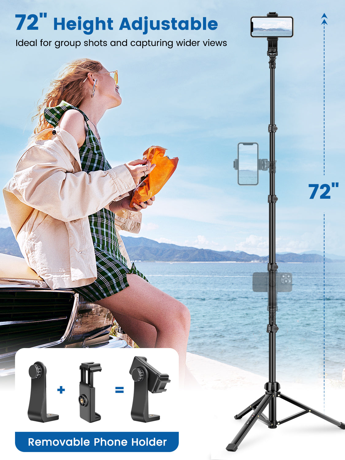 Phone Tripod, 72" Camera Stand Tripod with Remote and Phone Holder, Stable & Adjustable Tall, Suit for iPhone/Digital Camera(US)