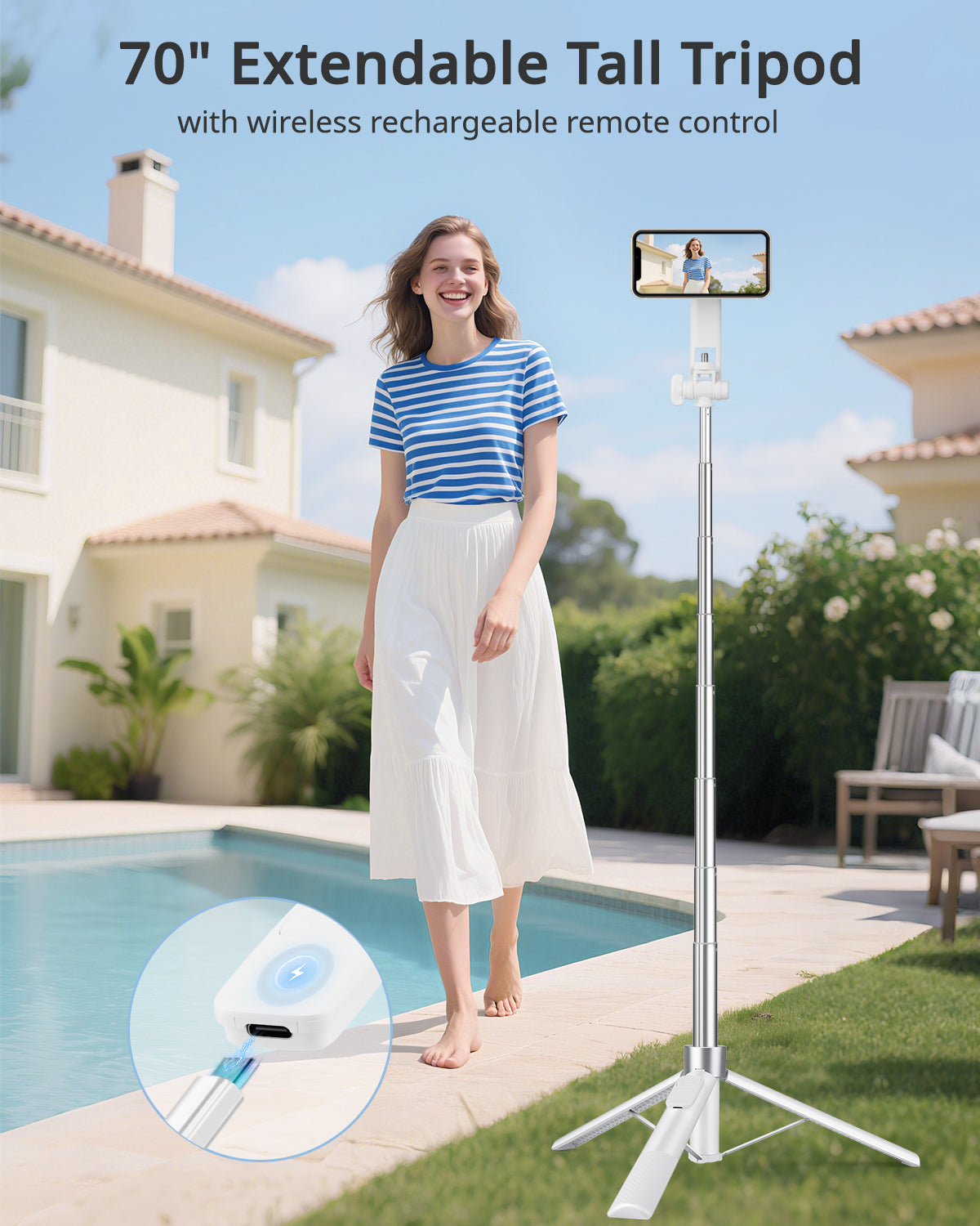 Victiv Magnetic Selfie Stick Tripod for iPhone, 70" Phone Tripod Stand for Filming with Rechargeable Remote, Mag-safe Selfie Stick for Video Recording, Vlogging & Content Creation-White(EU)