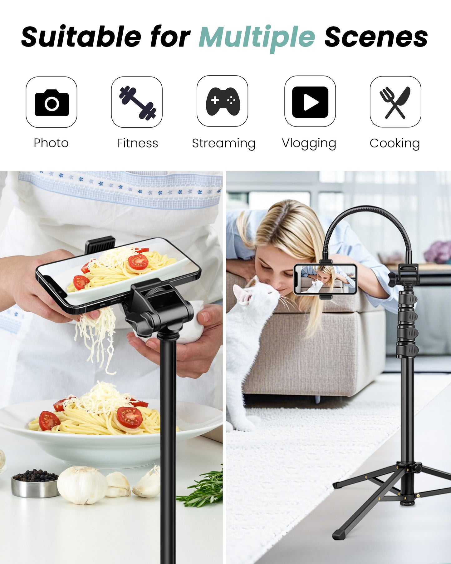 Victiv 77.5" Tall Tripod for Smartphone, Overhead Phone Tripod Stand with Flexible Gooseneck Compatible with iPhone 17/16/15/14/13/12, Portable Aluminum Selfie Stick Camera Tripod for Travel Vlogging(EU)
