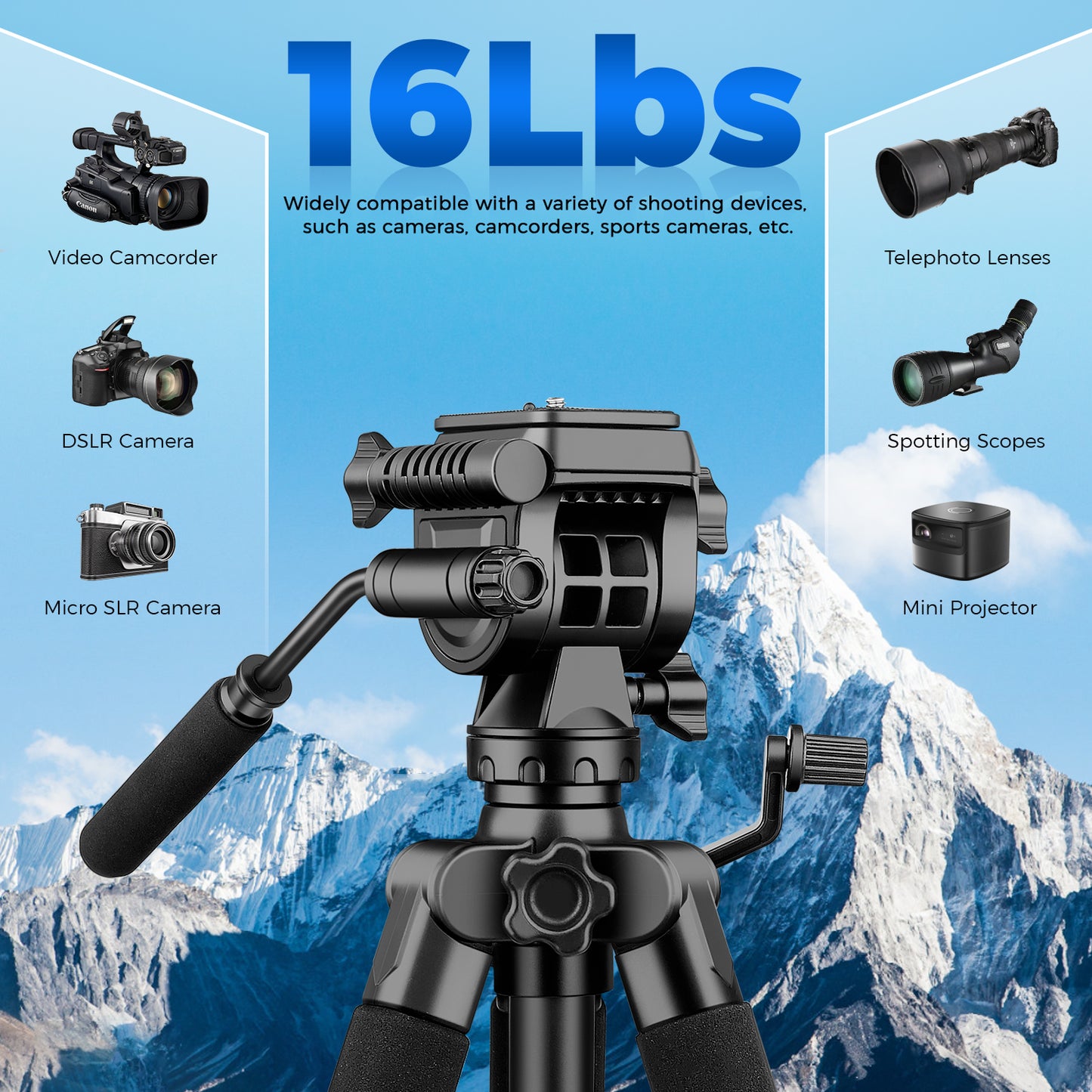 Camera Tripod, 75” Heavy Duty Tripod for Camera with Phone Holder and Travel Bag, Compatible with Video Camera, DSLR, Spotting Scopes, Camcorder, GoPro, Cell Phone, Max Load 16LB (Black)(US)