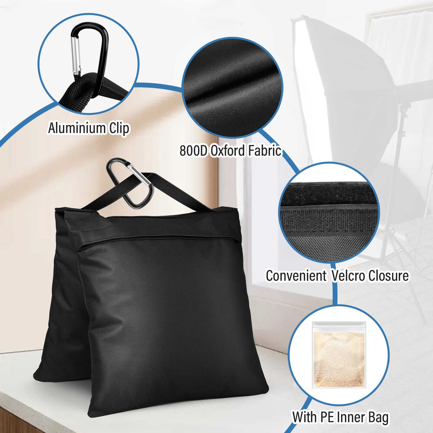 Victiv 4 Pack Sand Bags for Light Stand Photo Studio, Gazebo Weights Heavy Duty Sandbags, 22.4×10.4" Oxford Cloth Weight Bags for Tripod, Pop up Tent, Sun Umbrella Base, Fishing Chair, Max Load 11.7kg（EU）