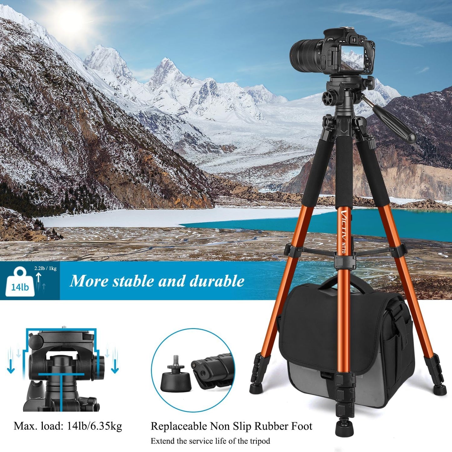 Victiv 182 cm Aluminium Camera Tripod, Lightweight and Compact Travel Tripod for DSLR with 3-Way Swivel, 360° Panoramic Ball Head and Phone Holder, Can Be Used for YouTube, Vlog and Video Conferencing(EU)