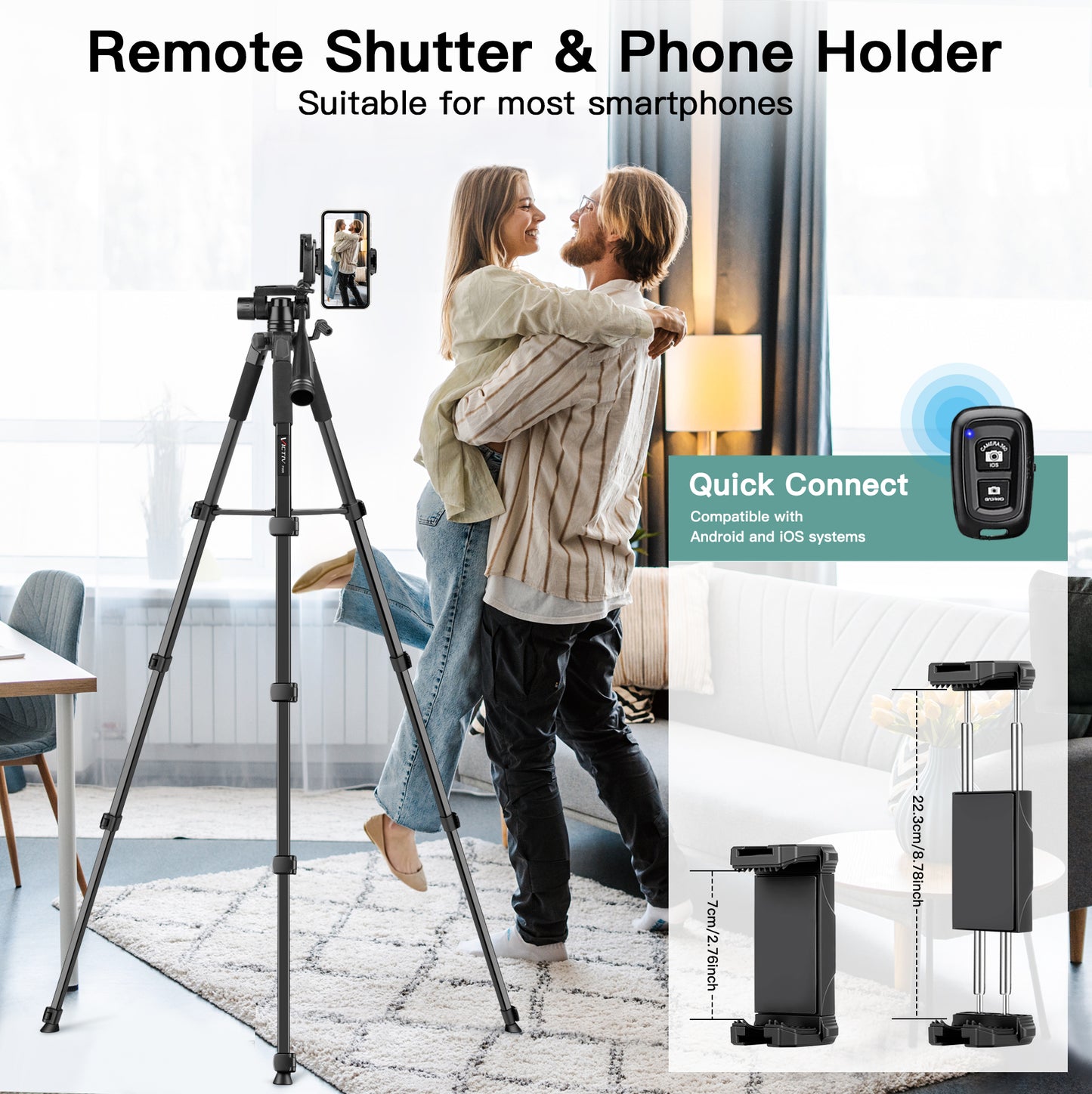 Camera Tripod Stand, 68" Phone Tripod for Tablet with Remote and Holder, Lightweight and Compact Travel Tripod for Canon Sony Camera, Compatible with DSLR, iPhone, iPad(US)