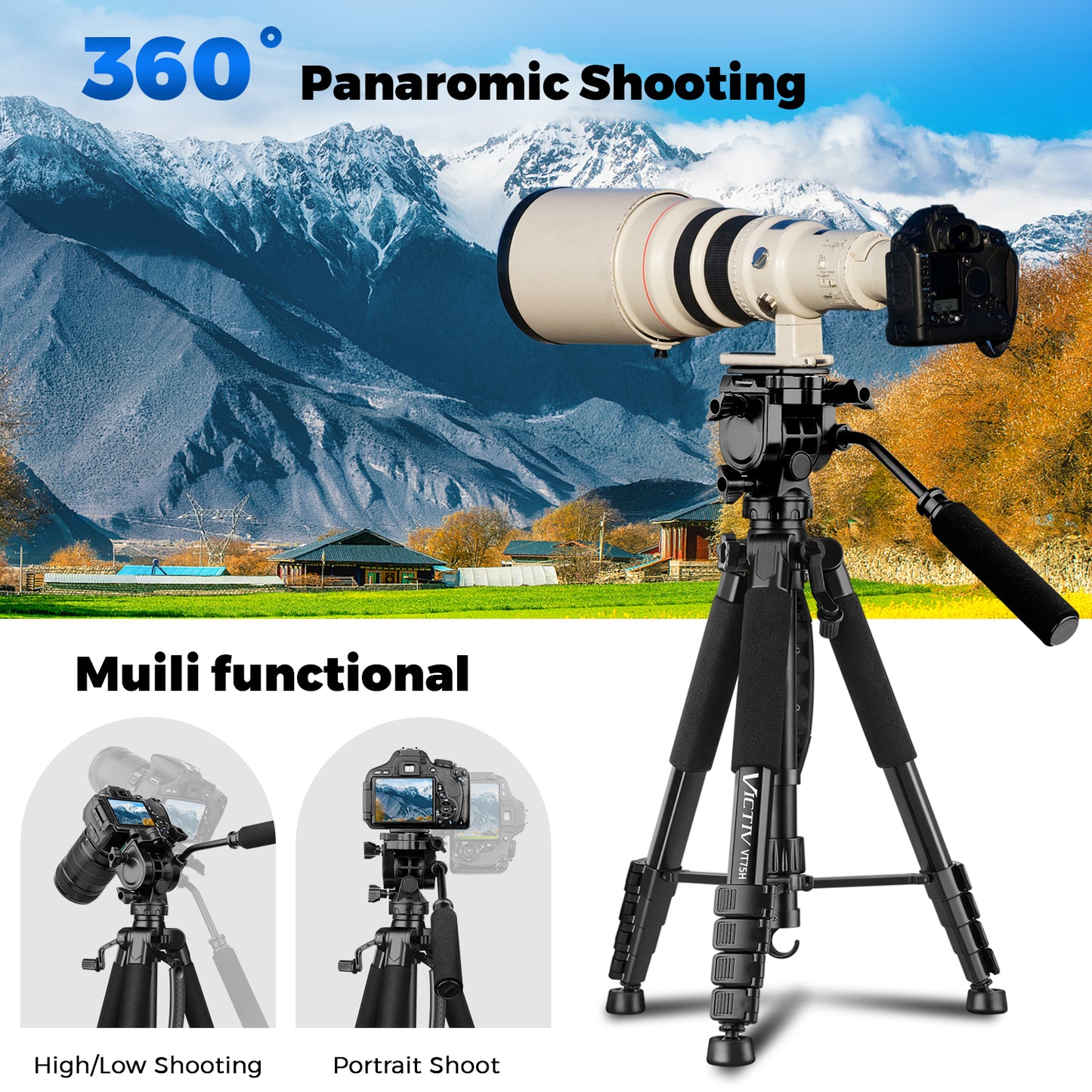 Camera Tripod, 75” Heavy Duty Tripod for Camera with Phone Holder and Travel Bag, Compatible with Video Camera, DSLR, Spotting Scopes, Camcorder, GoPro, Cell Phone, Max Load 16LB (Black)(US)