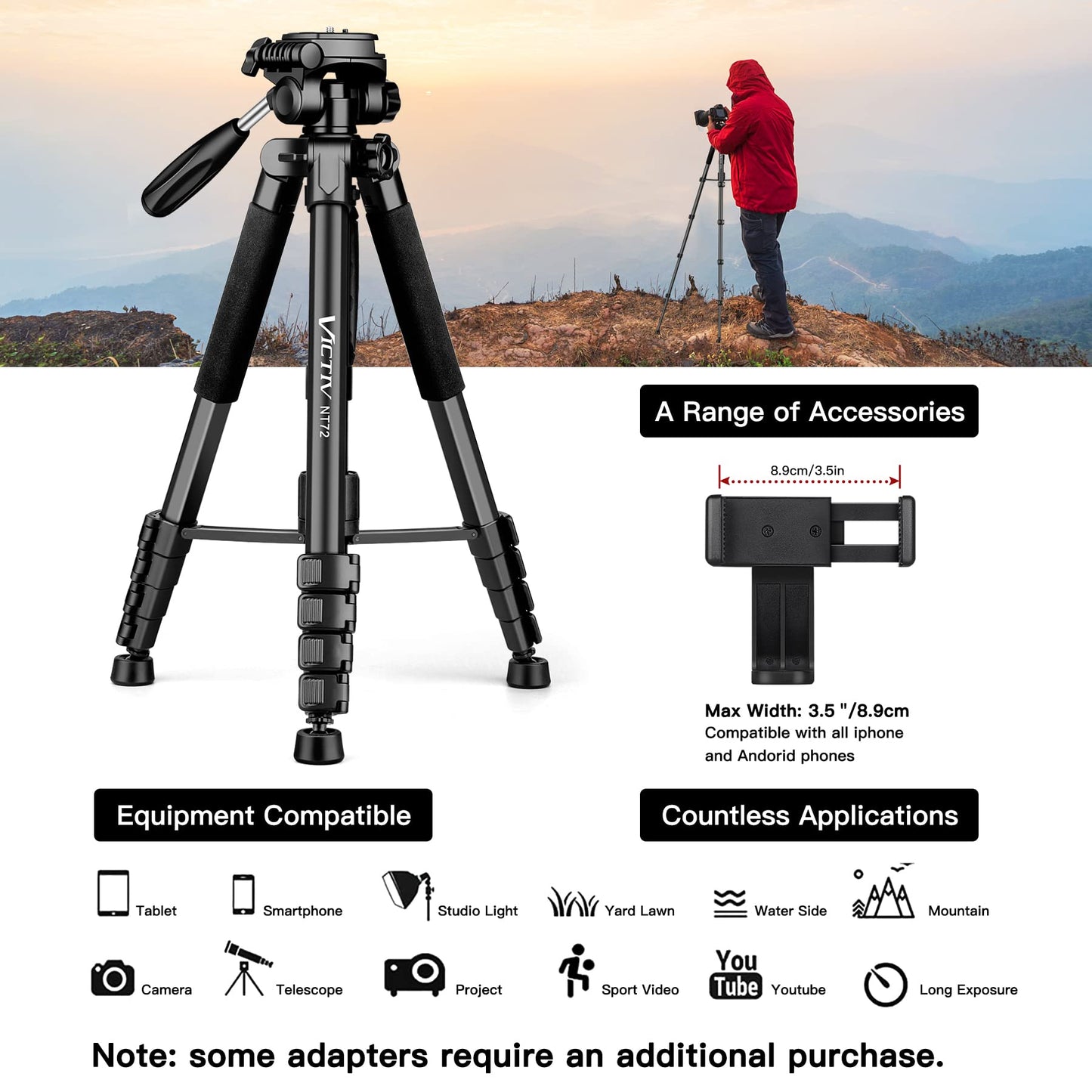 Victiv 72-inch Camera Tripod Aluminum Monopod T72 Max. Height 182cm- Lightweight and Compact for Travel with 3-way Swivel Head and 2 Quick Release Plates for DSLR Video Shooting - Black