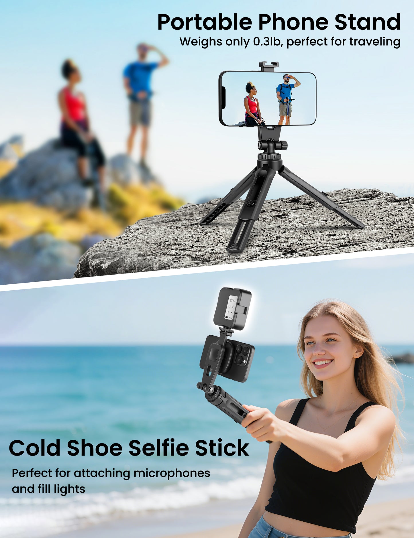 Magnetic Phone Tripod Stand with Cold Shoe, Mini Tripod for iPhone Magsafe, Compact Desk & Travel Cell Phone Stand with Adjustable Phone Holder, Lightweight and Portable for iPhone/Android