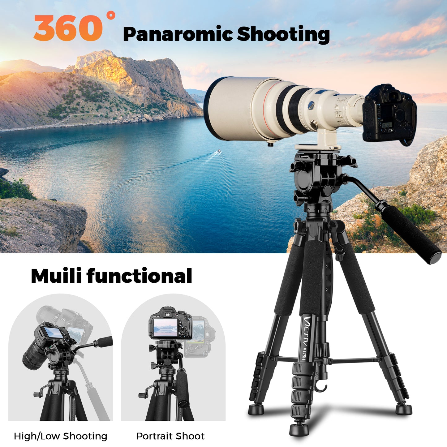 Victiv 75'' Aluminium Camera Tripod, Heavy Duty Mobile Stand Video Shoot with Phone Holder, Professional Tripod Compatible with Camera, Spotting Scopes, Projector, Camcorder, Cell Phone, Max Load 16LB(IN)