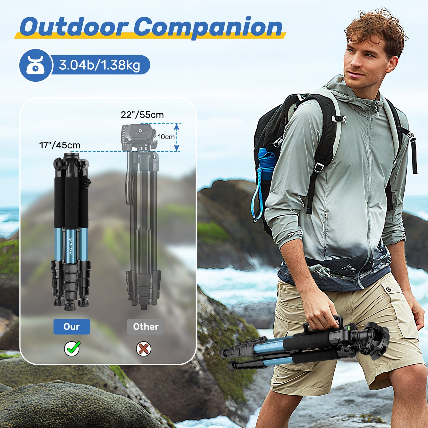 Victiv 188cm Camera Tripod for Canon Sony Nikon, Travel Tripod with Detachable 3-way Swivel Head, Camera Stand with Phone Holder & Remote Control, Upgraded Tripods with 1/4" Extension Interface-Blue(EU)