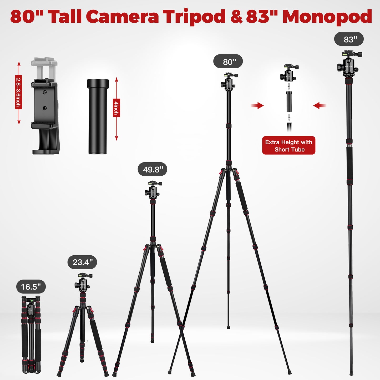 Camera Tripod, 80" Aluminum Heavy Duty Camera Tripod Stand with 360° Ball Head, Phone Holder & Carry Bag, Professional Camera Tripods & Monopods for Camera, Phone, 34lb Max Load(US)