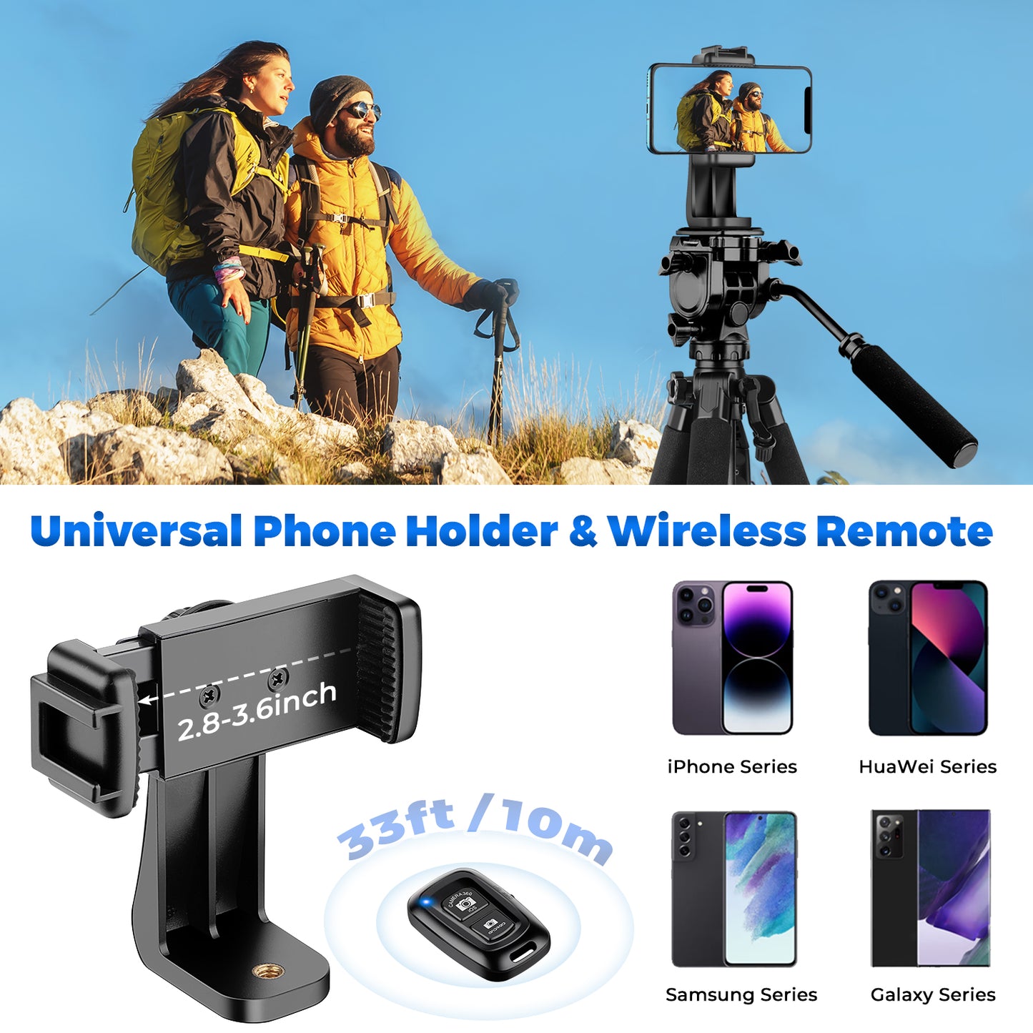 Camera Tripod, 75” Heavy Duty Tripod for Camera with Phone Holder and Travel Bag, Compatible with Video Camera, DSLR, Spotting Scopes, Camcorder, GoPro, Cell Phone, Max Load 16LB (Black)(US)