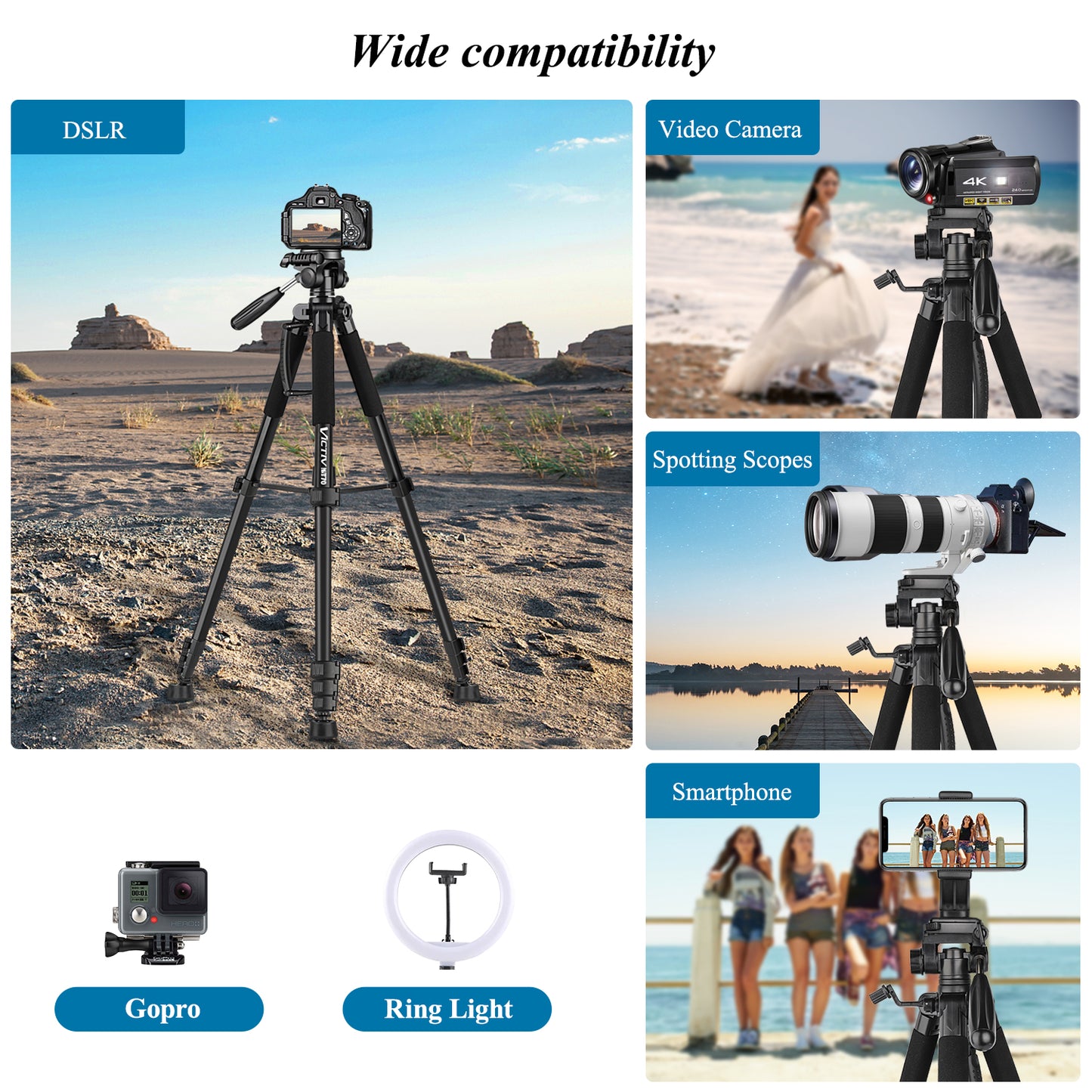 VICTIV 74” Camera Tripod, Tripod for Camera and Phone, Aluminum Professional Tripod Stand for Canon Nikon with Carry Bag and Phone Holder, Compatible with DSLR, iPhone, Spotting Scopes, Max Load 9.5Lb(US)