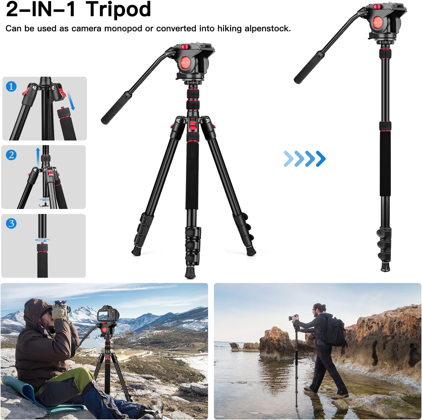 Fluid Head Tripod, Heavy Duty Tripod with Carry Bag, Professional Aluminium Tripod and Monopod for Video Camera Canon Nikon DSLR Camcorder (VT-H7)