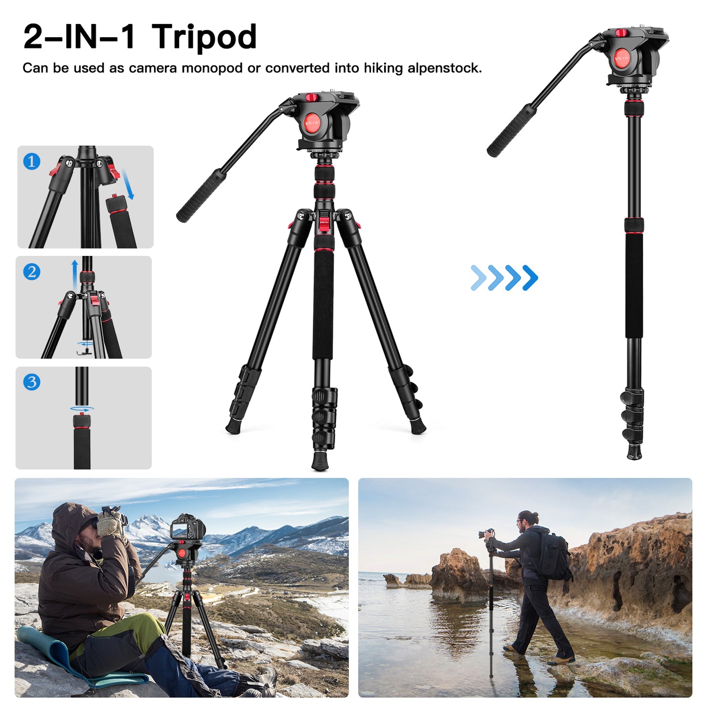 Victiv Camera Tripod, 72" Video Tripod with Fluid Head, Aluminum Heavy Duty Tripod with Carry Bag, Professional Camera Tripods & Monopods, Compatible with Canon, Sony, DSLR, Camcorder(US