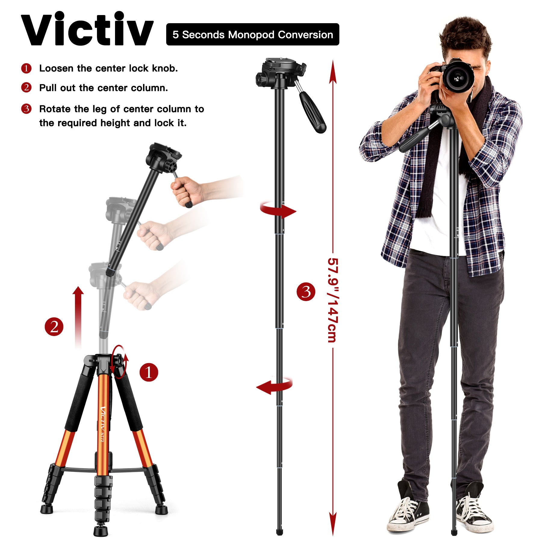 Victiv Camera Tripod, 72’’ Reinforced Aluminium Tripod Monopod with  360°Panoramic Head, Extendable Phone Tripod & Portable Travel Tripod with  Phone