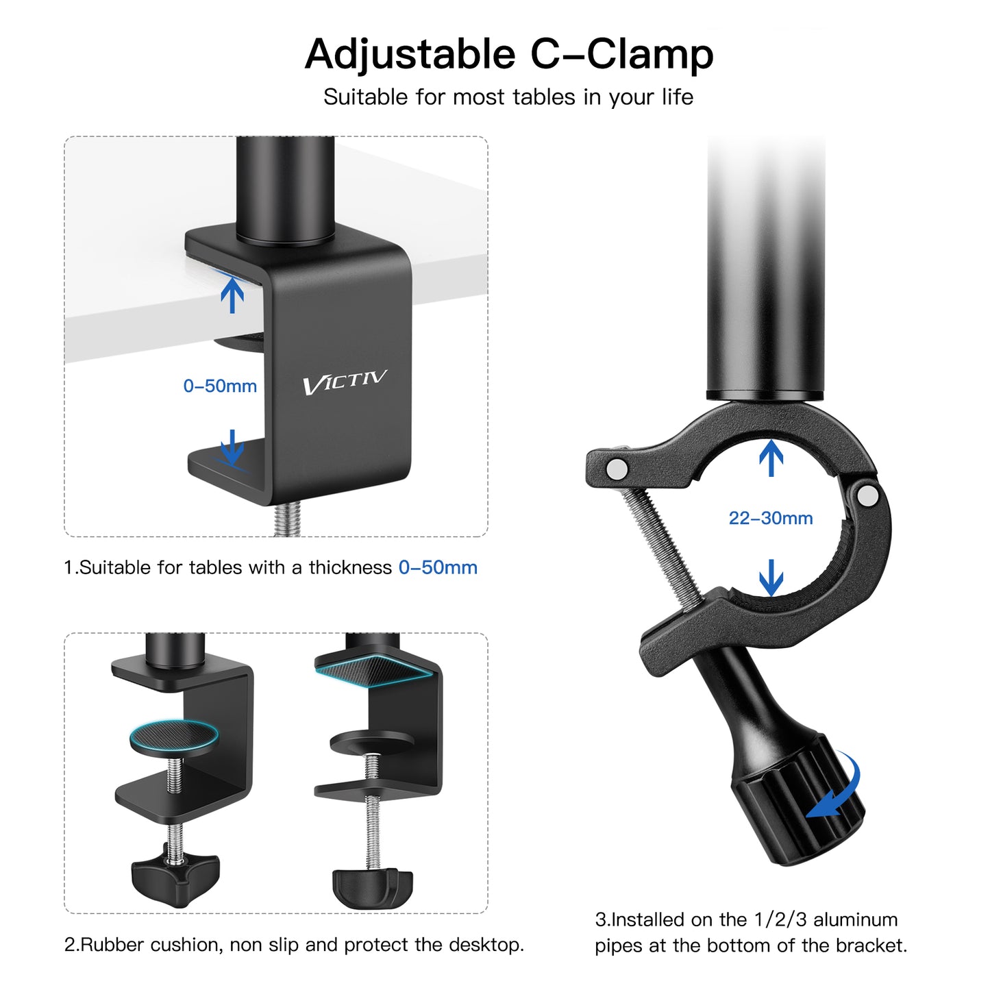 Victiv 14.5"-41.3" Adjustable Overhead Phone Mount, Aluminum Camera Mount with Overhead Boom Arm for iPhone, C-stand Desk Mounts with 2 Pieces 1/4" Ball Heads for Phone Camera Webcam Ring Light(EU)