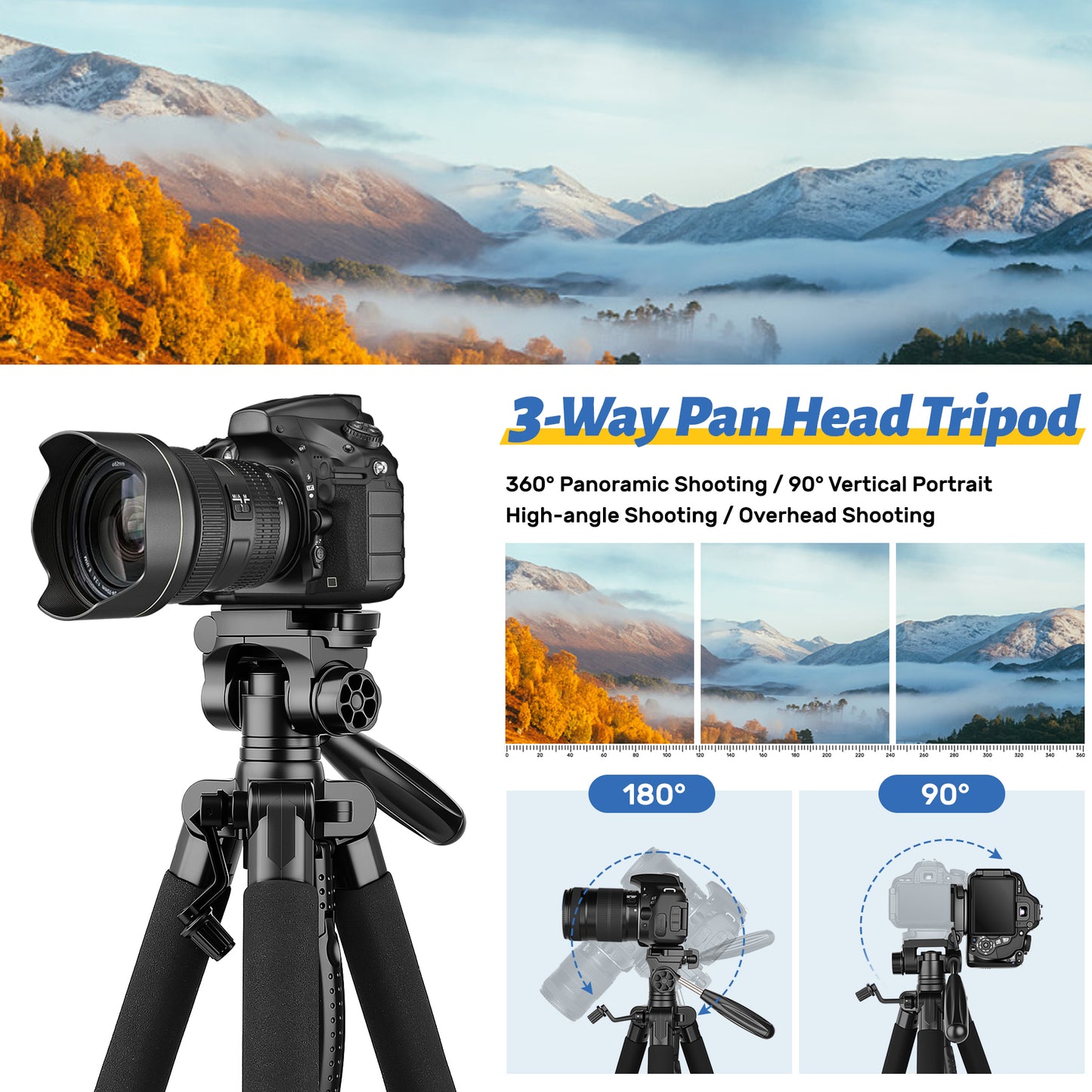 Victiv 188cm Camera Tripod for Canon Sony Nikon, Travel Tripod with Detachable 3-way Swivel Head, Camera Stand with Phone Holder & Remote Control, Upgraded Tripods with 1/4" Extension Interface-Blue(EU)