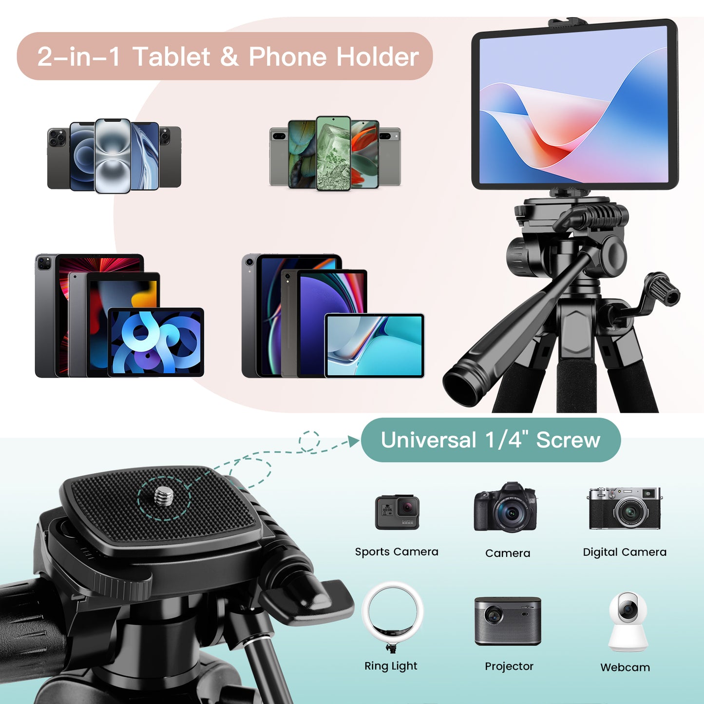 Camera Tripod Stand, 68" Phone Tripod for Tablet with Remote and Holder, Lightweight and Compact Travel Tripod for Canon Sony Camera, Compatible with DSLR, iPhone, iPad(US)