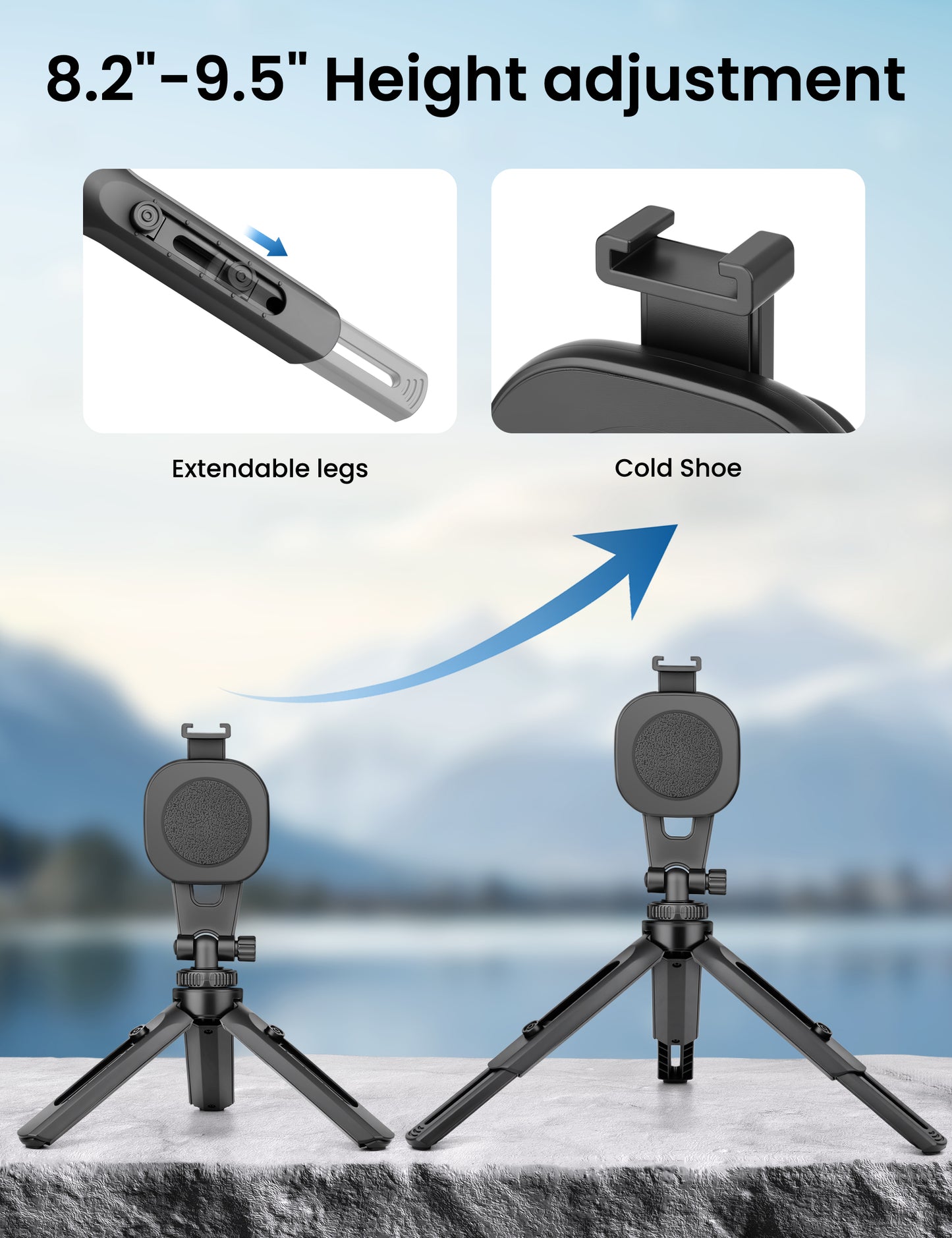 Magnetic Phone Tripod Stand with Cold Shoe, Mini Tripod for iPhone Magsafe, Compact Desk & Travel Cell Phone Stand with Adjustable Phone Holder, Lightweight and Portable for iPhone/Android